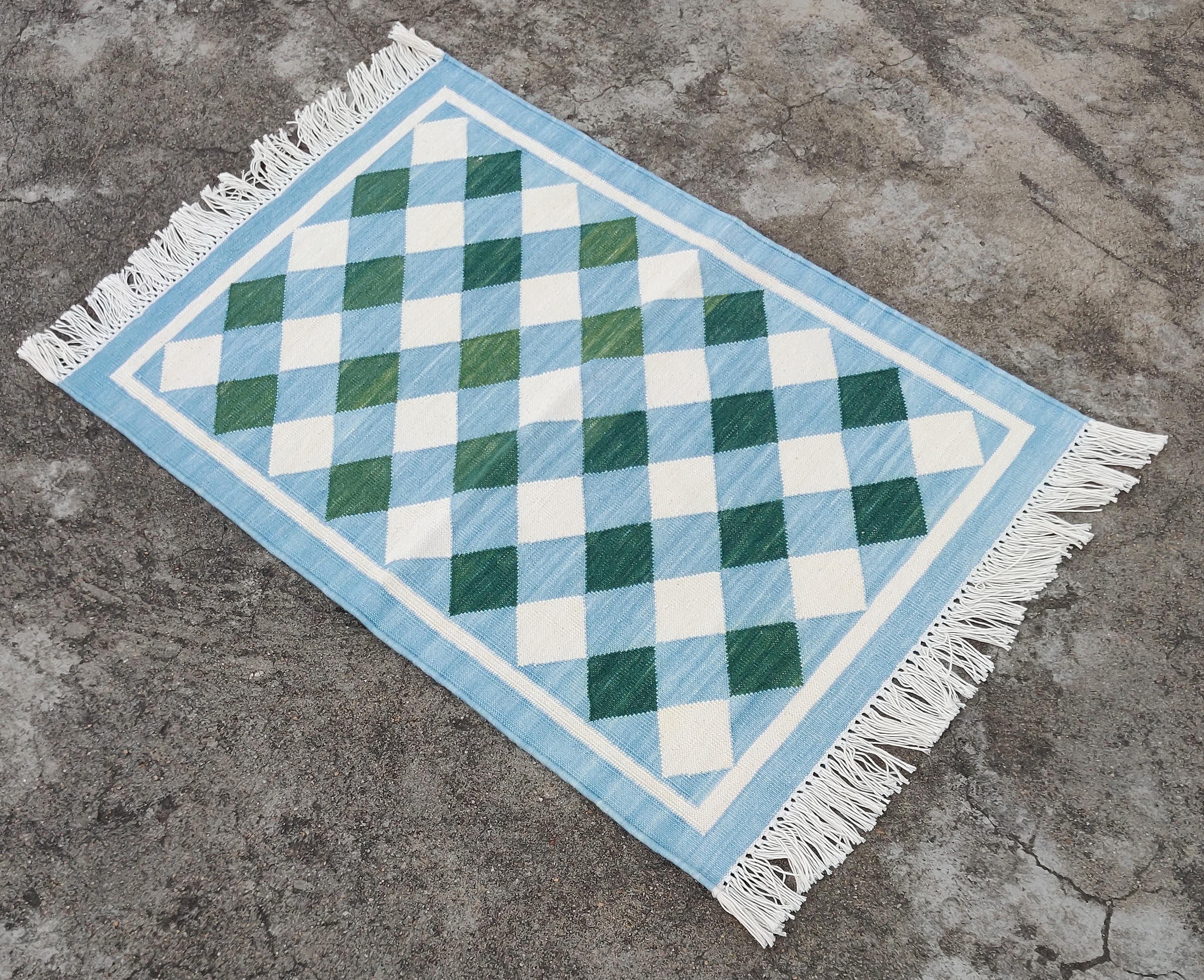 Cotton Vegetable Dyed Blue And Green Checked Indian Dhurrie Rug-24