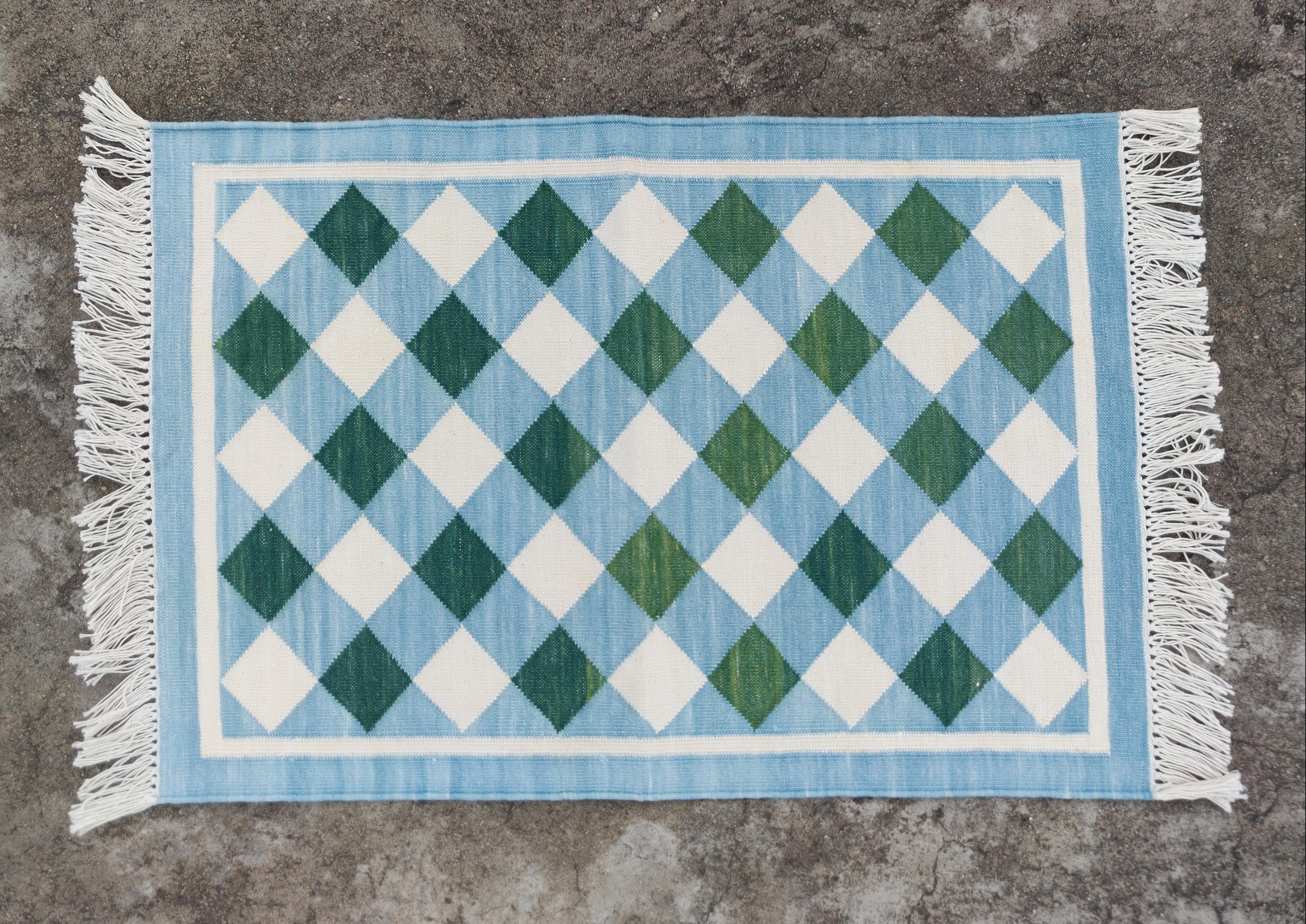 Handmade Cotton Area Flat Weave Rug, 2x3 Blue And Green Checked Indian Dhurrie For Sale 1