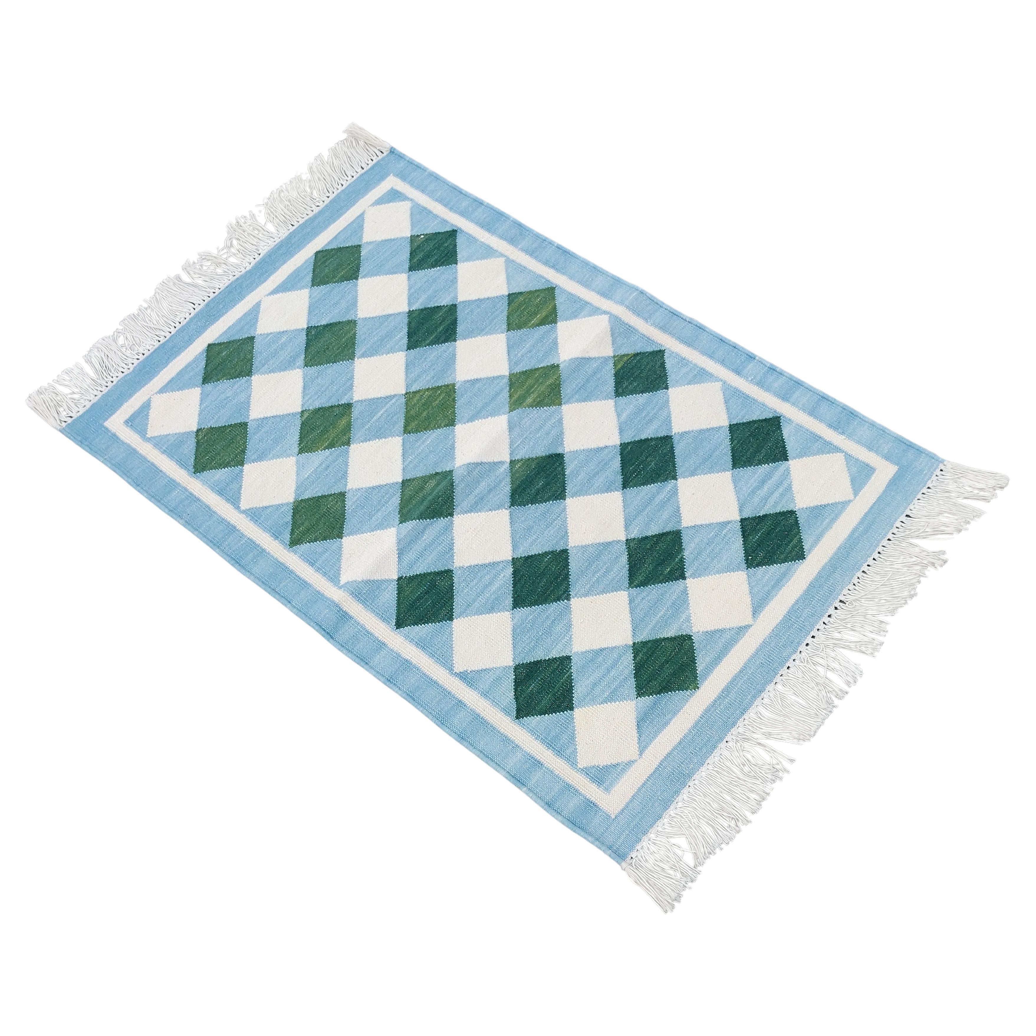 Handmade Cotton Area Flat Weave Rug, 2x3 Blue And Green Checked Indian Dhurrie For Sale