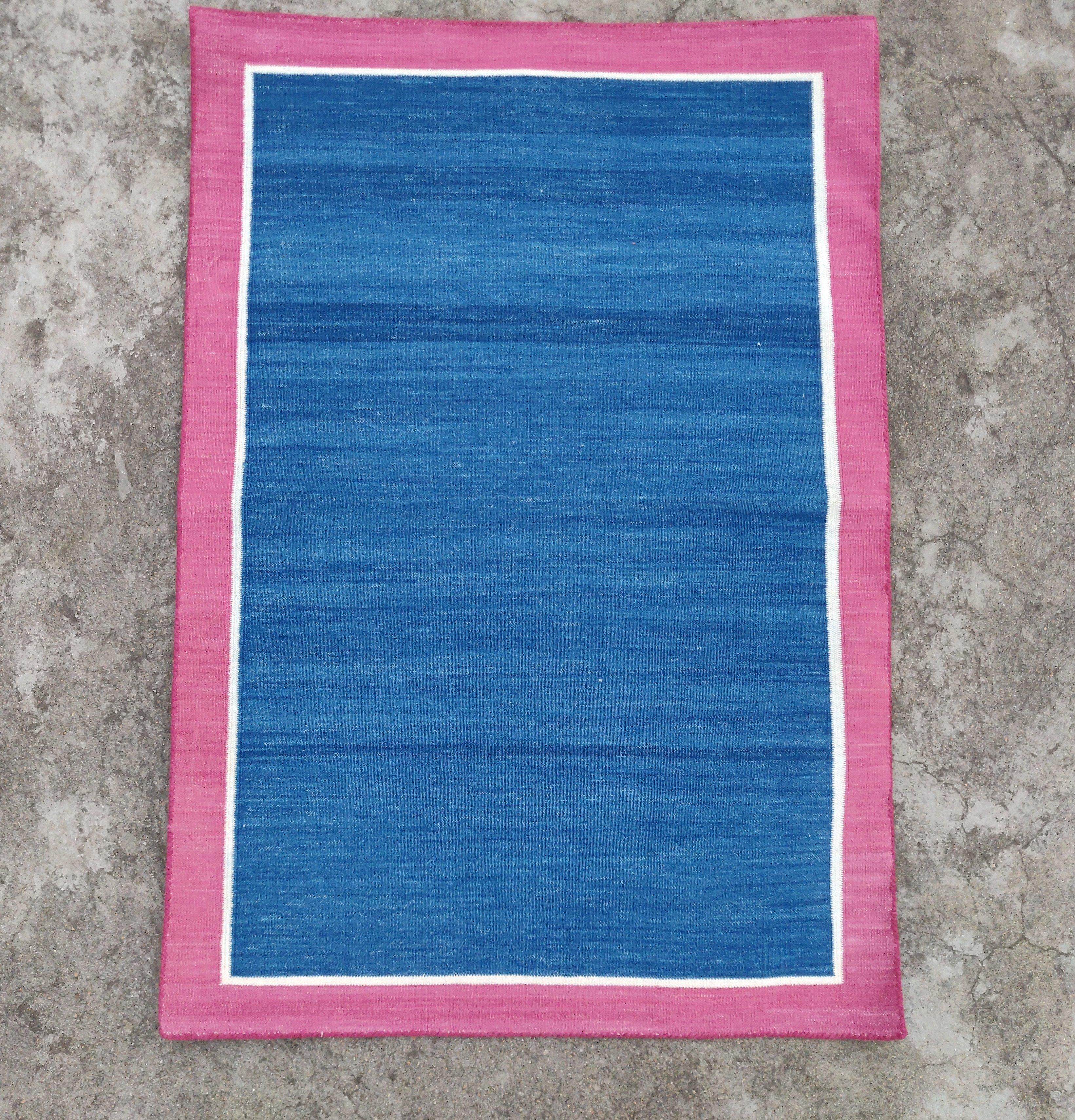 Hand-Woven Handmade Cotton Area Flat Weave Rug, 2x3 Blue And Pink Bordered Indian Dhurrie For Sale
