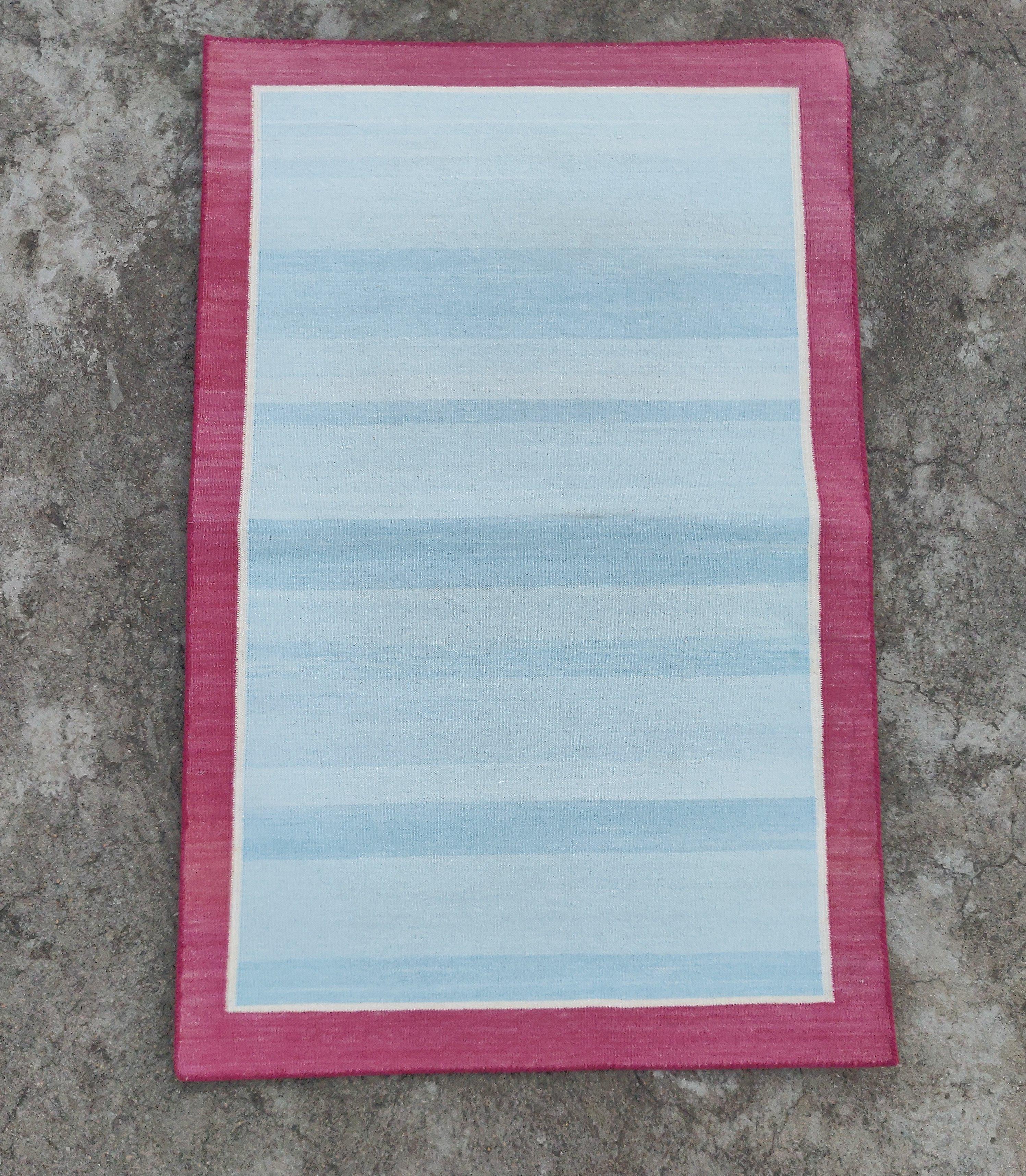 Hand-Woven Handmade Cotton Area Flat Weave Rug, 2x3 Blue And Pink Bordered Indian Dhurrie For Sale