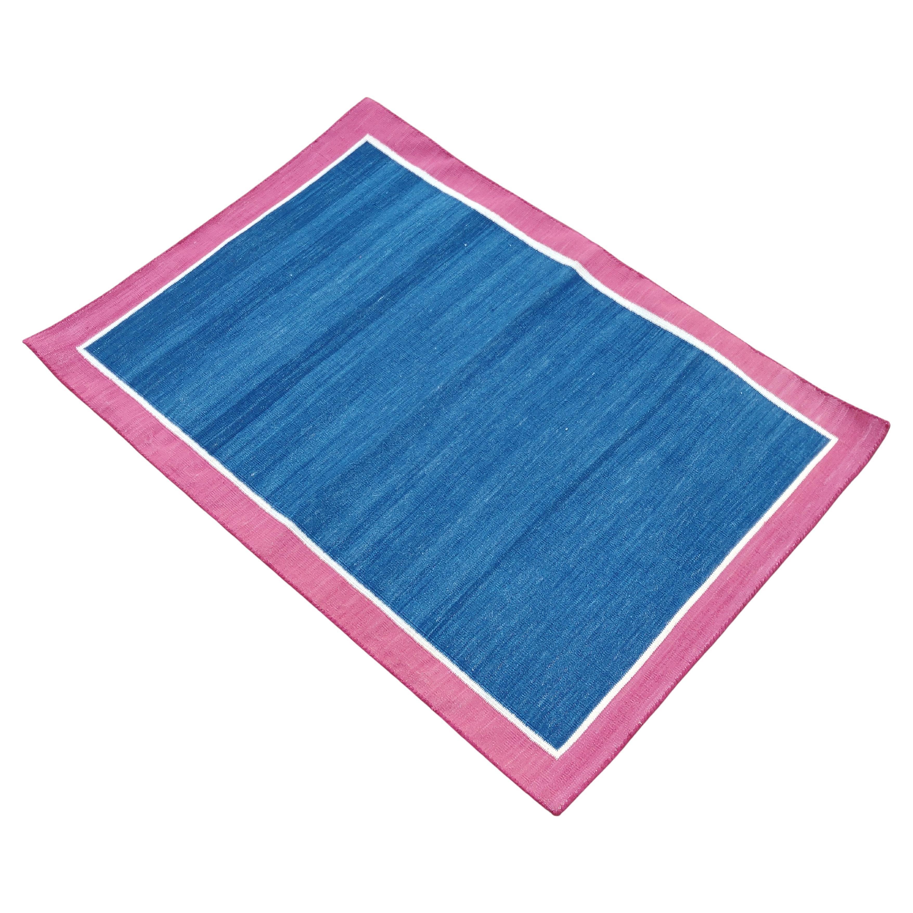 Handmade Cotton Area Flat Weave Rug, 2x3 Blue And Pink Bordered Indian Dhurrie For Sale