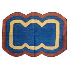 Handgefertigter Flachgeweber Baumwollteppich, 2x3 Blauer und roter Wellenschliff indischer Dhurrie mit Wellenschliff