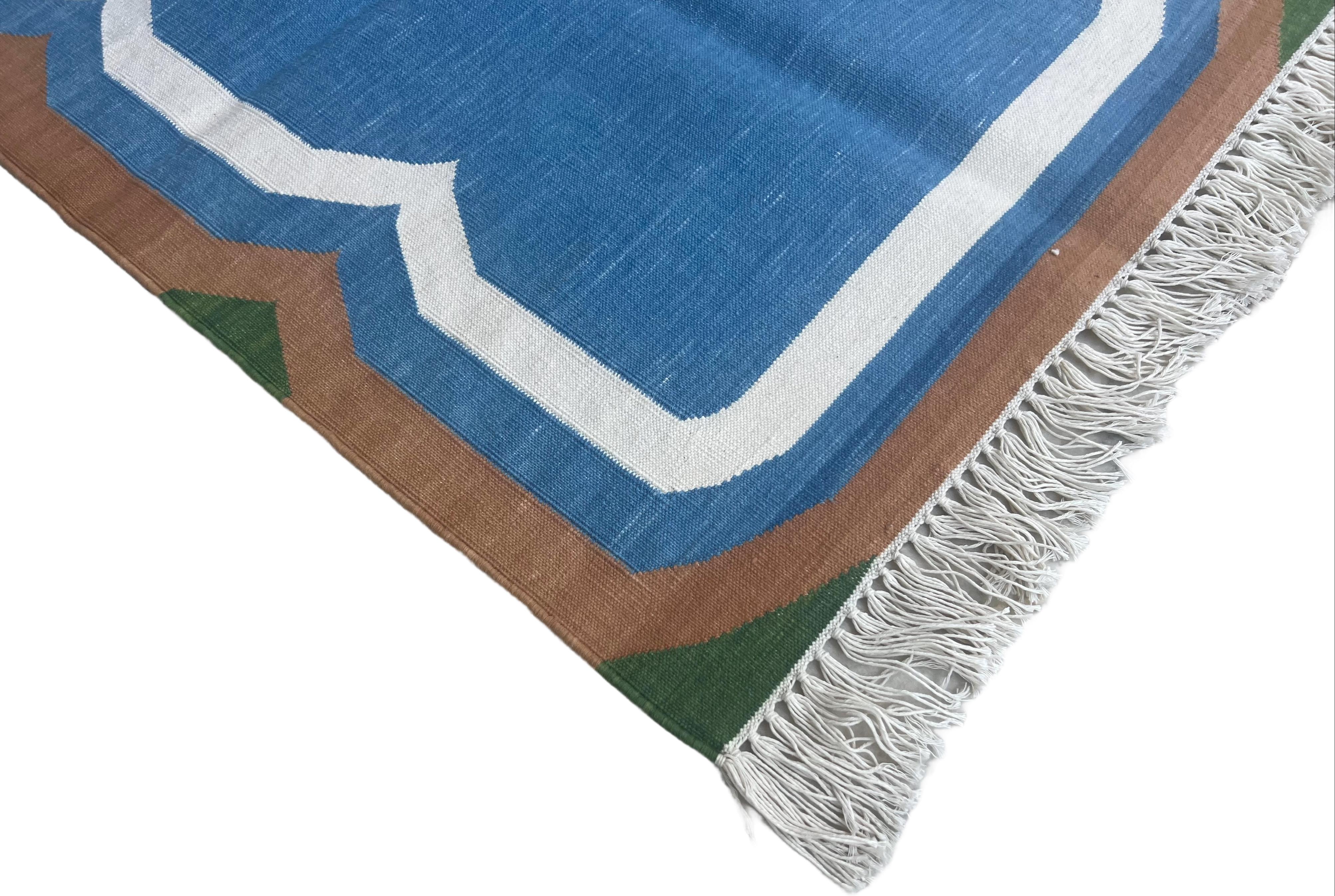 Cotton Vegetable Dyed  Blue, Cream And Tan Scalloped Striped Indian Dhurrie Rug - 2'x3' (60x90cm) 

These special flat-weave dhurries are hand-woven with 15 ply 100% cotton yarn. Due to the special manufacturing techniques used to create our rugs,