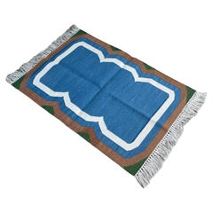 Handmade Cotton Area Flat Weave Rug, 2x3 Blue And Tan Scalloped Indian Dhurrie