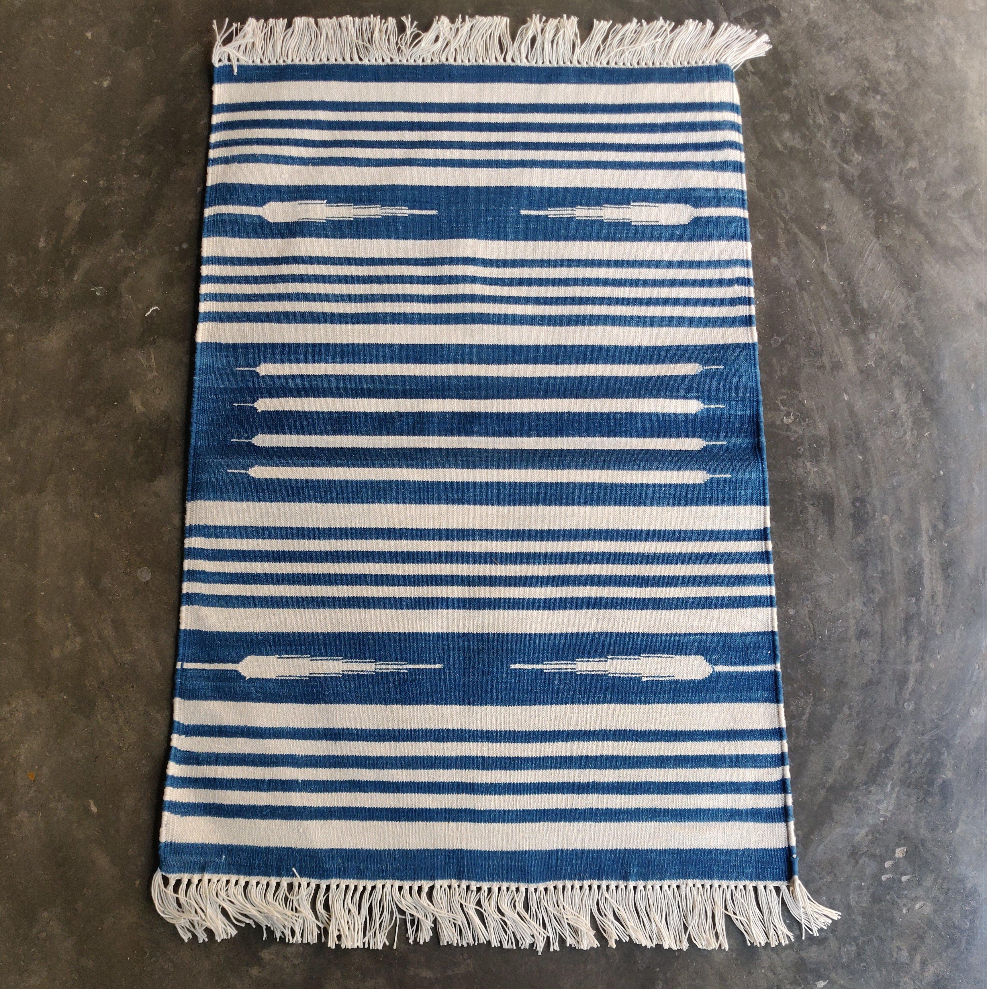 Mid-Century Modern Handmade Cotton Area Flat Weave Rug, 2x3 Blue And White Striped Indian Dhurrie For Sale