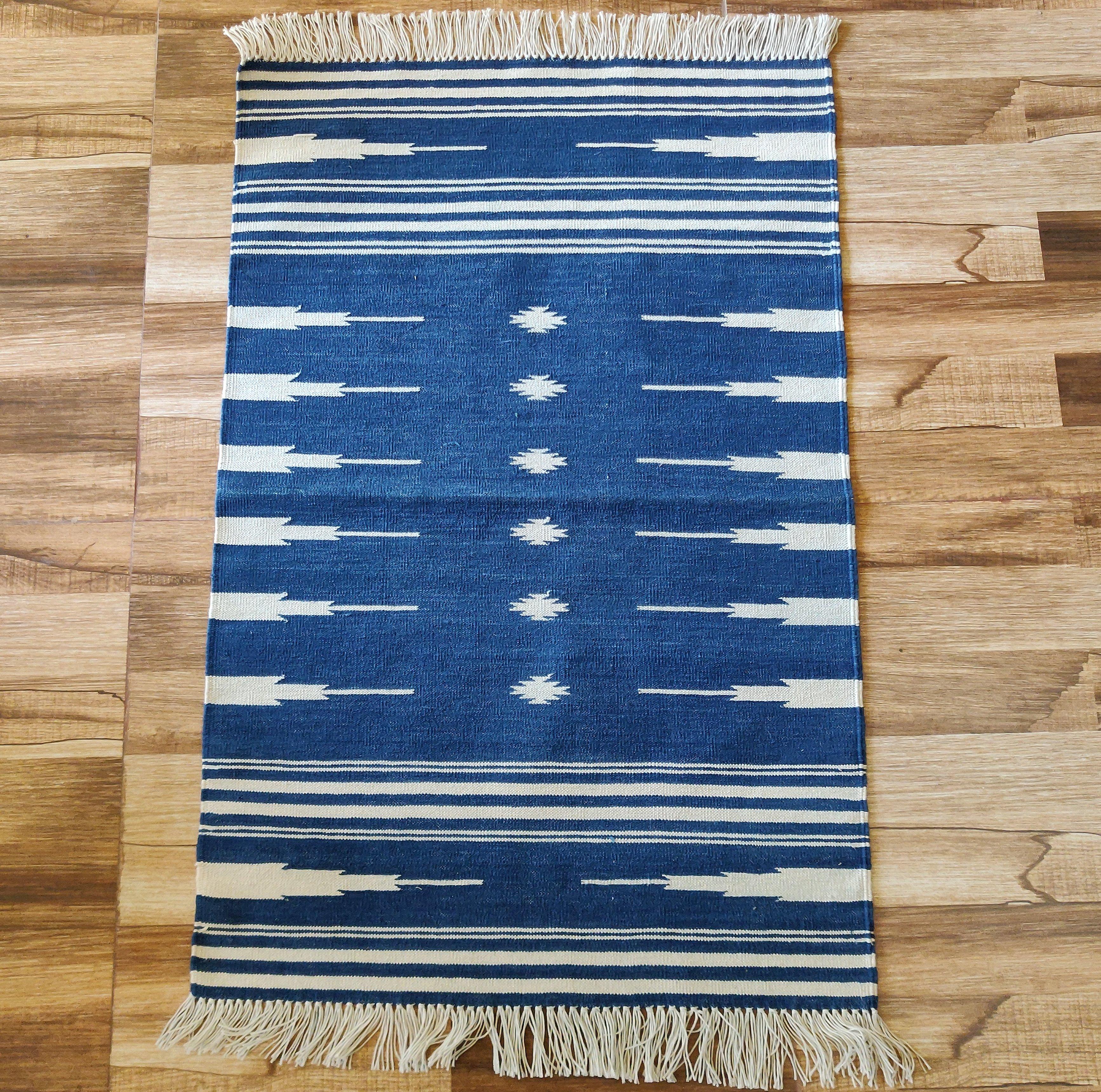 Mid-Century Modern Handmade Cotton Area Flat Weave Rug, 2x3 Blue And White Striped Indian Dhurrie For Sale