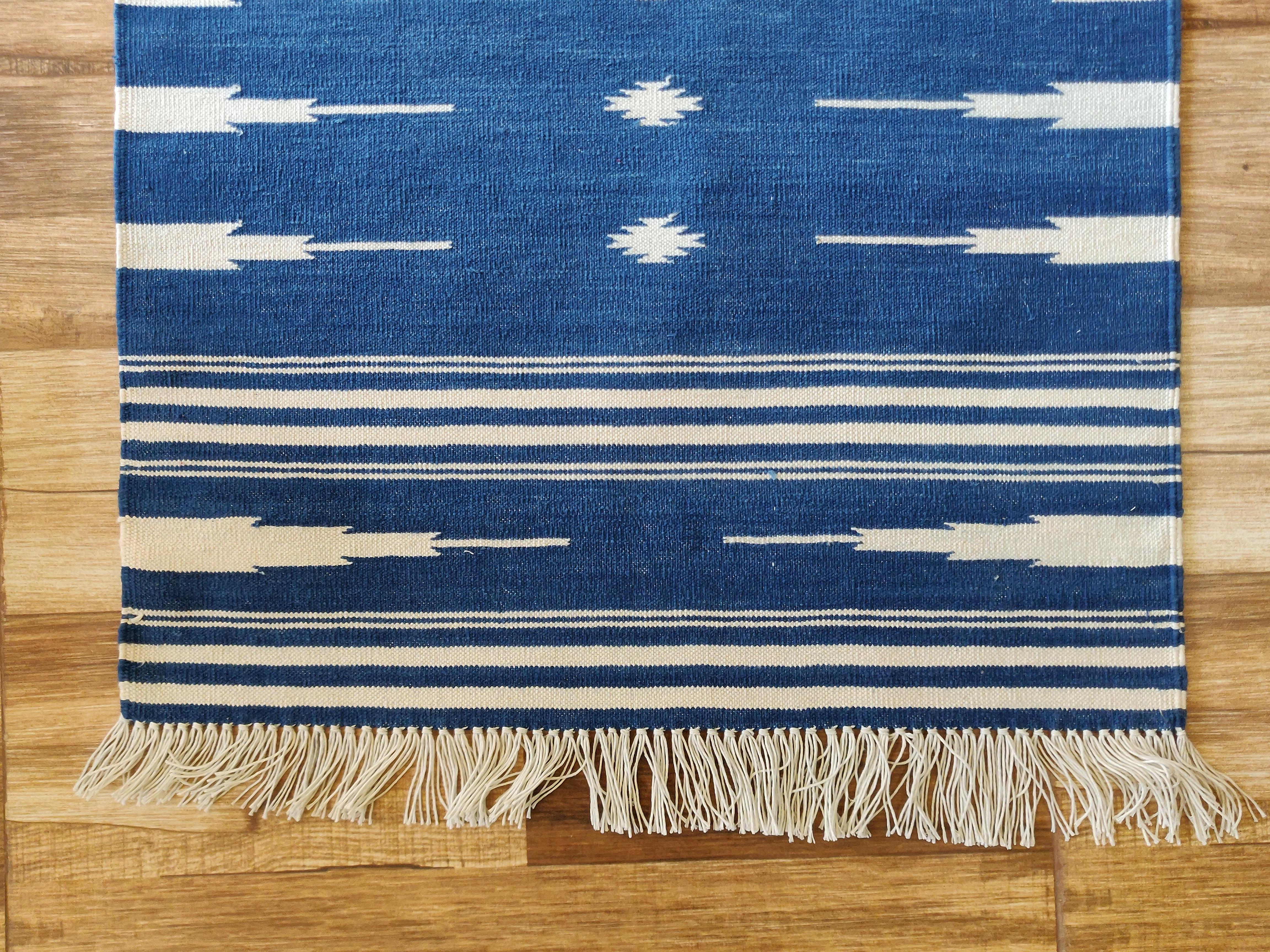 Hand-Woven Handmade Cotton Area Flat Weave Rug, 2x3 Blue And White Striped Indian Dhurrie For Sale