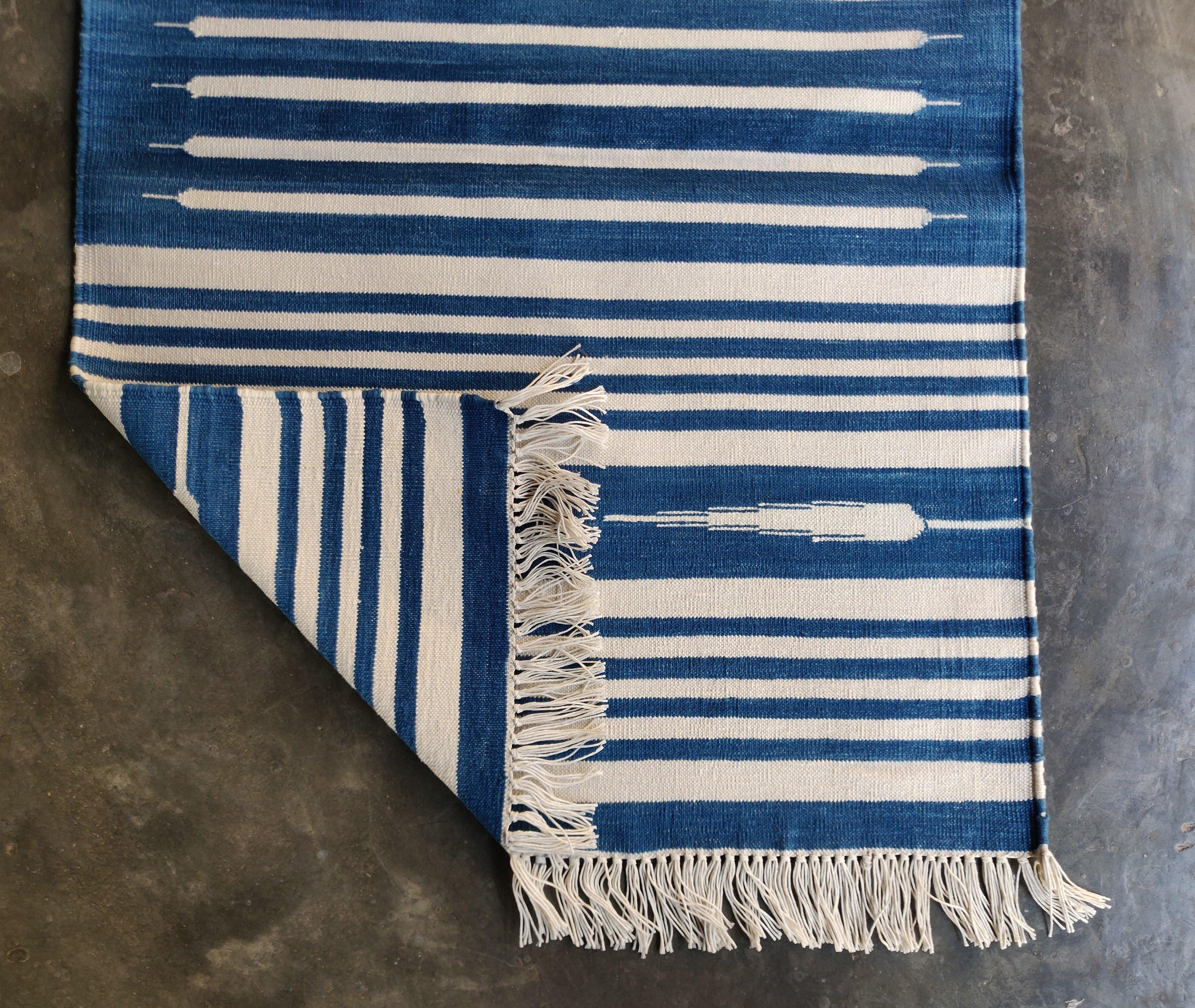 Contemporary Handmade Cotton Area Flat Weave Rug, 2x3 Blue And White Striped Indian Dhurrie For Sale