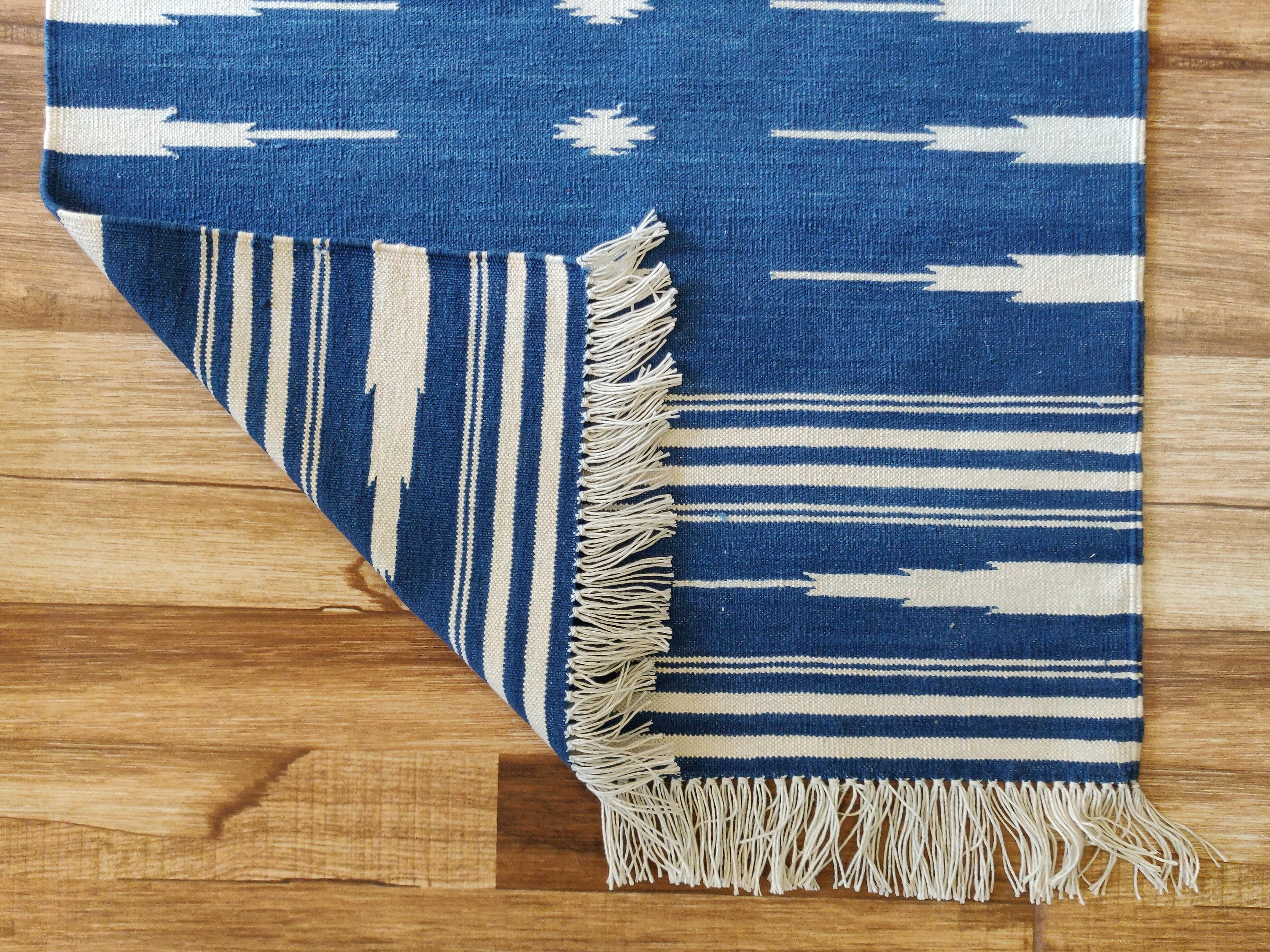 Contemporary Handmade Cotton Area Flat Weave Rug, 2x3 Blue And White Striped Indian Dhurrie For Sale