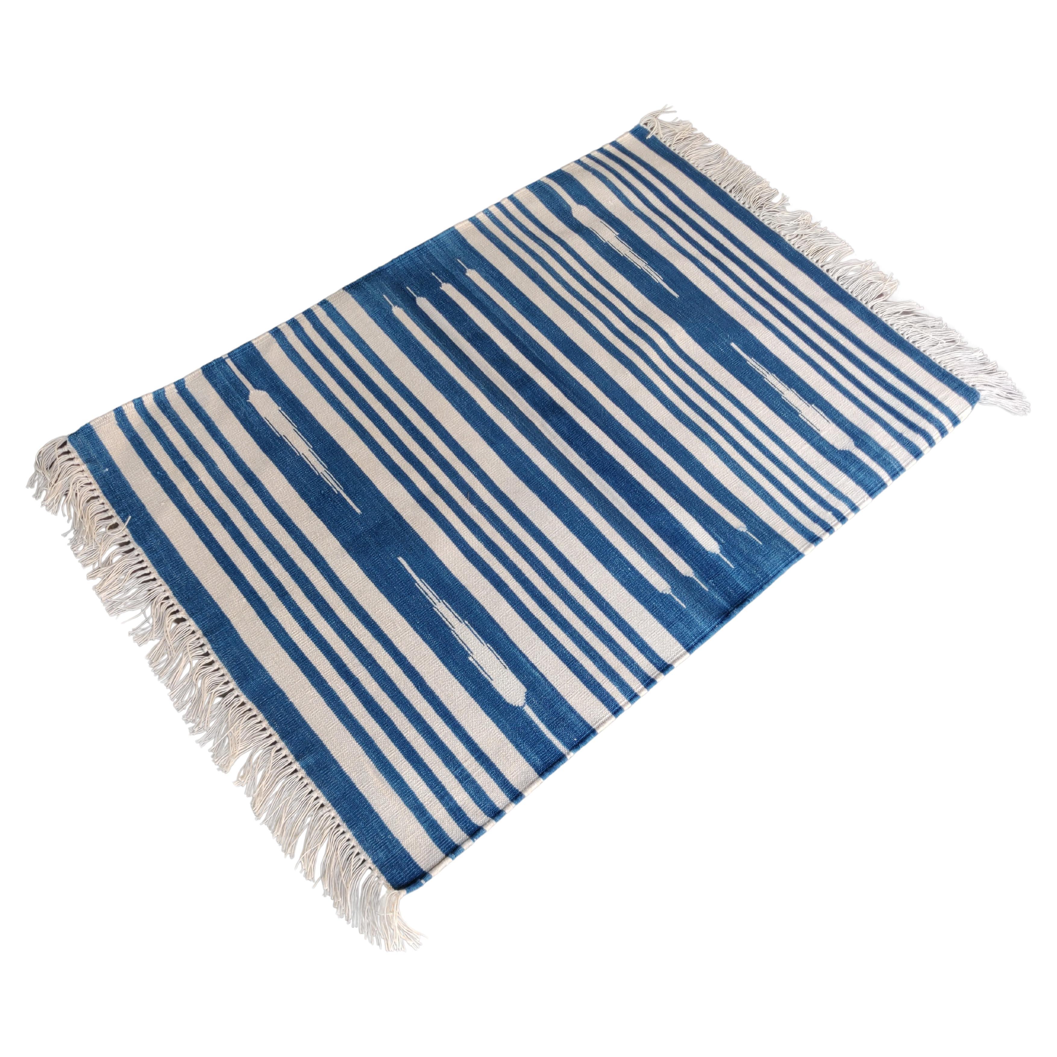 Handmade Cotton Area Flat Weave Rug, 2x3 Blue And White Striped Indian Dhurrie For Sale