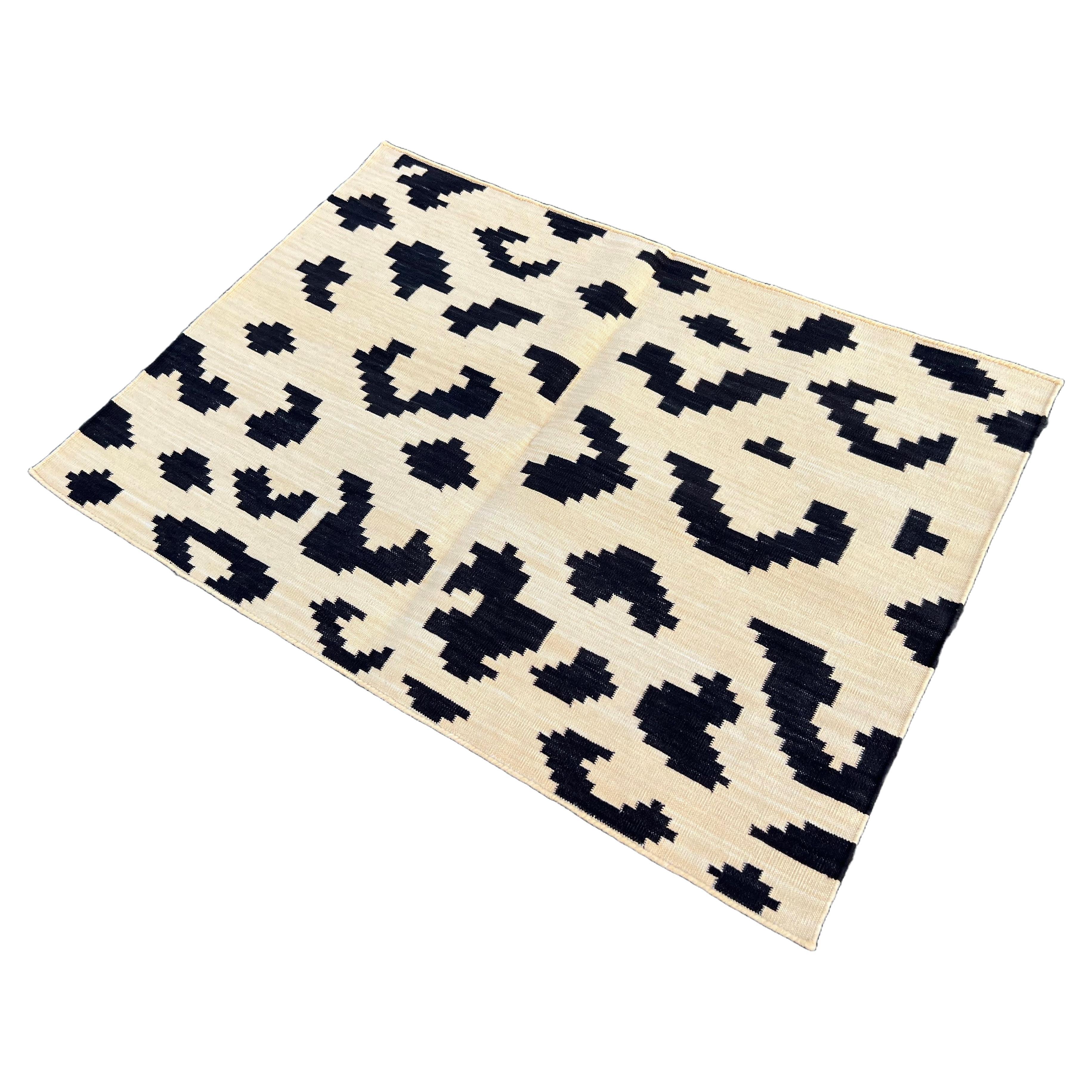 Handmade Cotton Area Flat Weave Rug, 2x3 Cream And Brown Dotted Indian Dhurrie