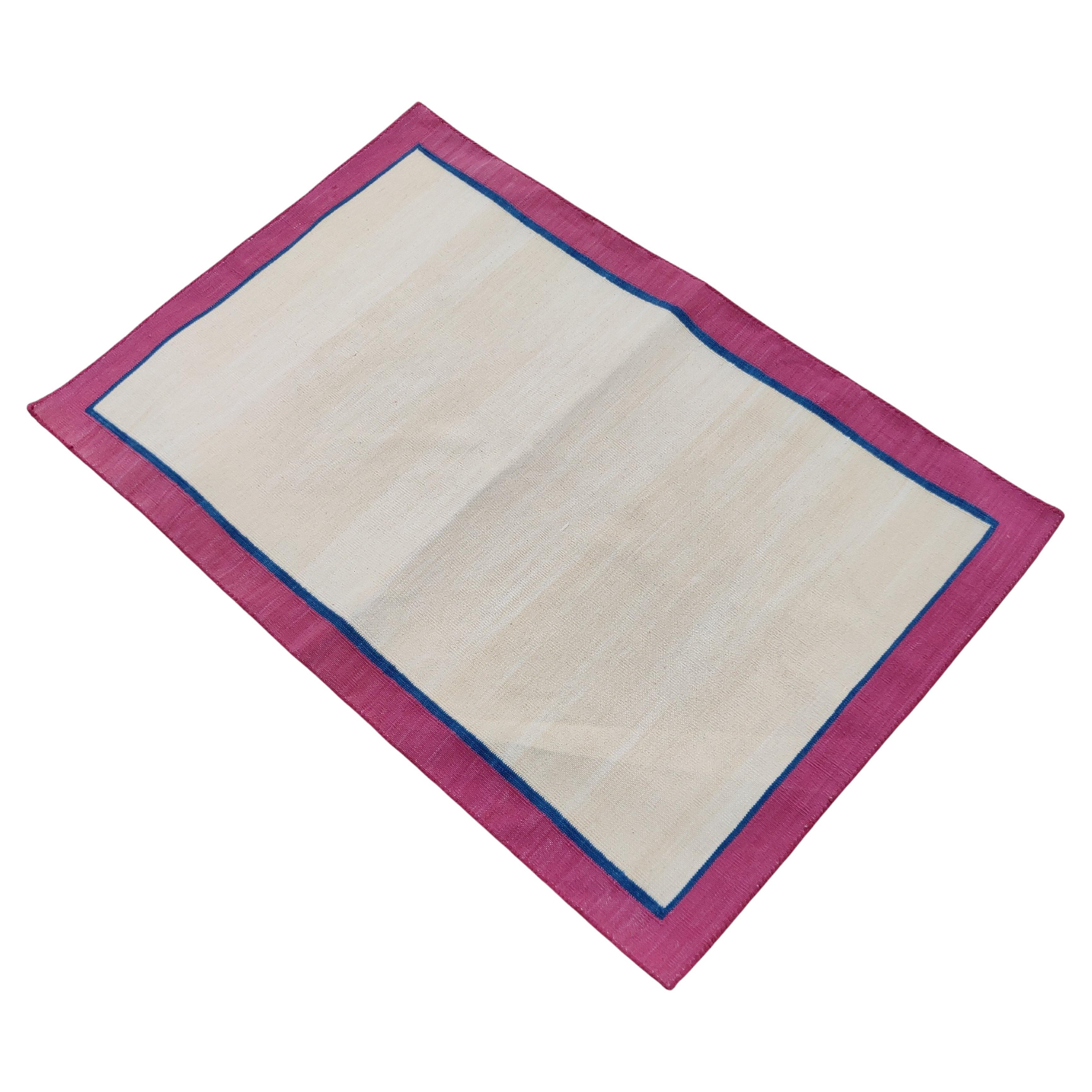 Handmade Cotton Area Flat Weave Rug, 2x3 Cream And Pink Bordered Indian Dhurrie For Sale
