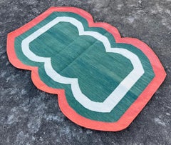Handmade Cotton Area Flat Weave Rug, 2x3 Green And Coral Scallop Indian Dhurrie