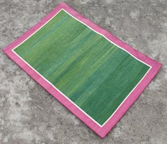 Handmade Cotton Area Flat Weave Rug, 2x3 Green And Pink Bordered Indian Dhurrie