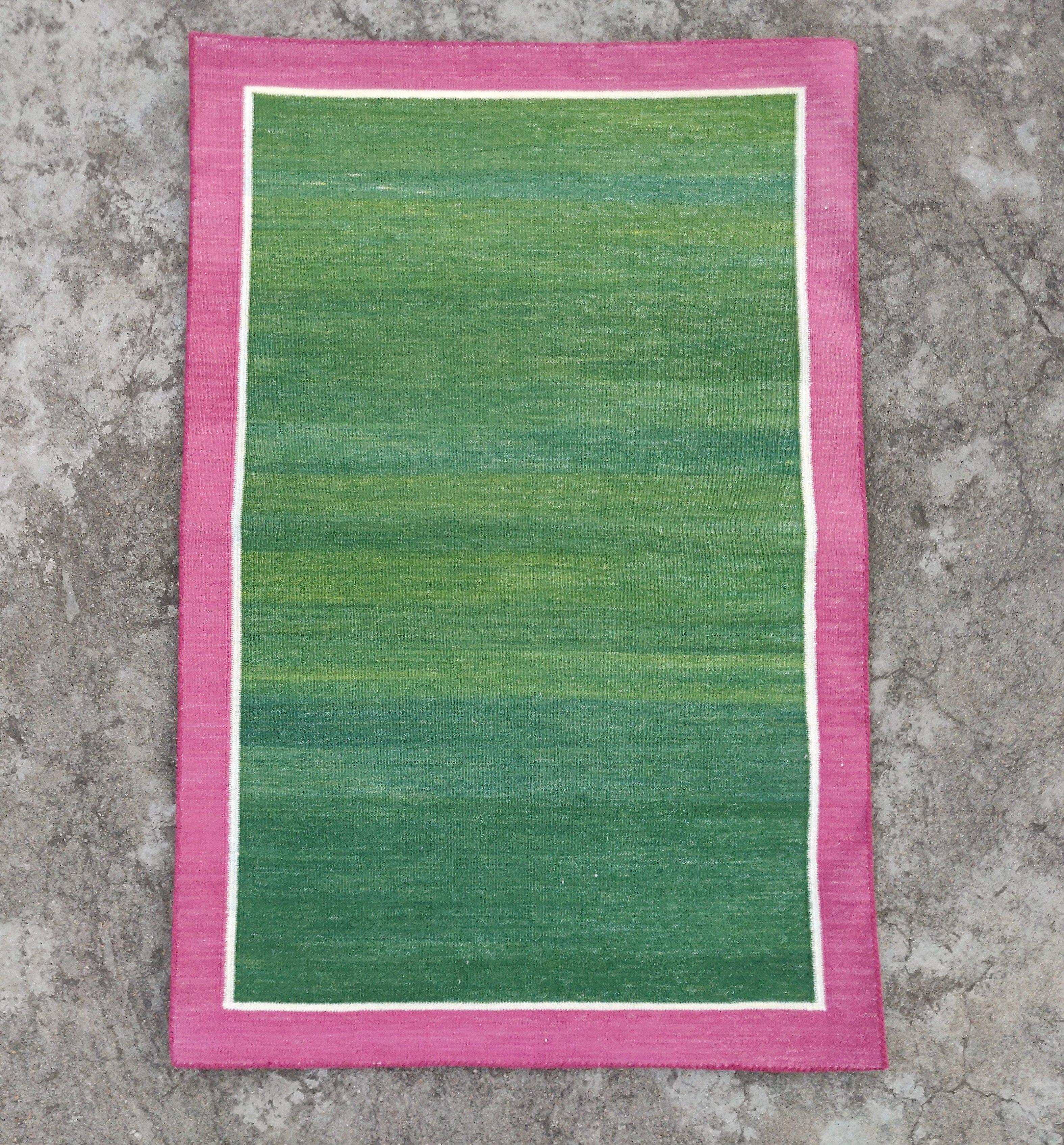 Hand-Woven Handmade Cotton Area Flat Weave Rug, 2x3 Green And Pink Bordered Indian Dhurrie For Sale