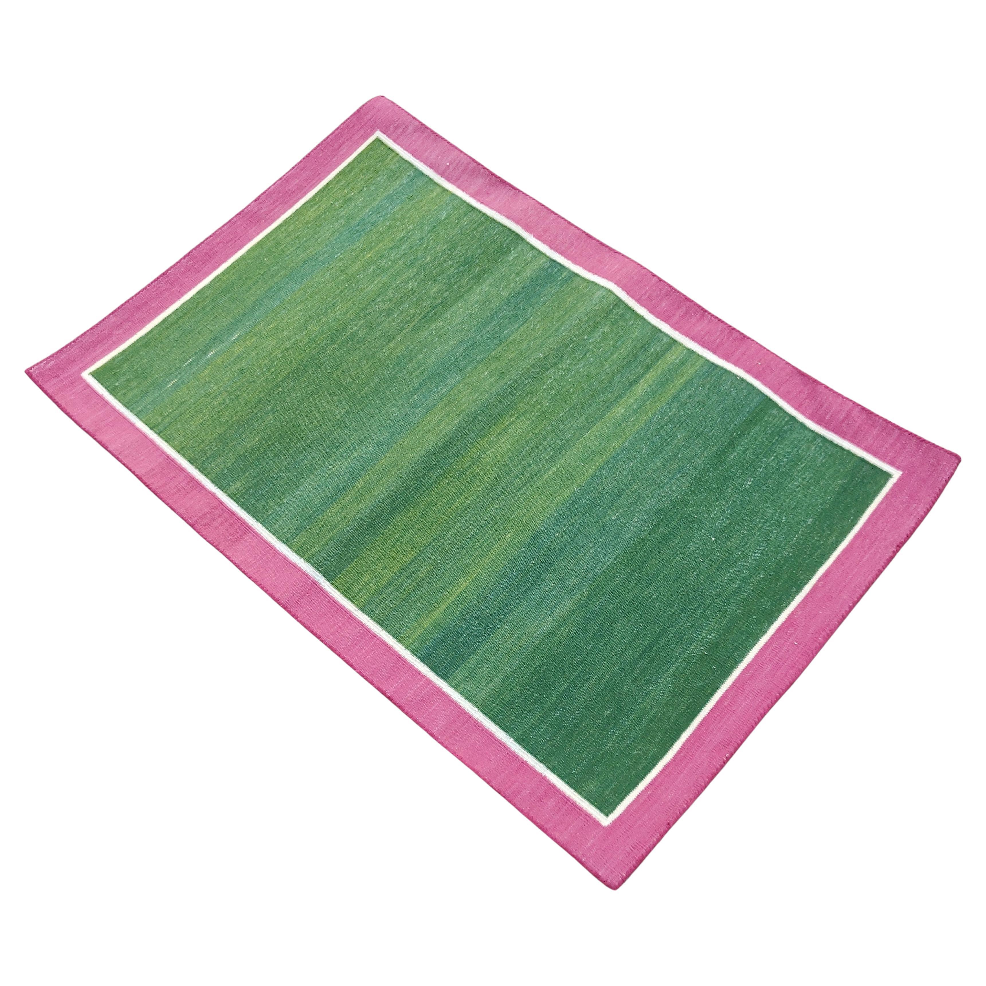 Handmade Cotton Area Flat Weave Rug, 2x3 Green And Pink Bordered Indian Dhurrie For Sale