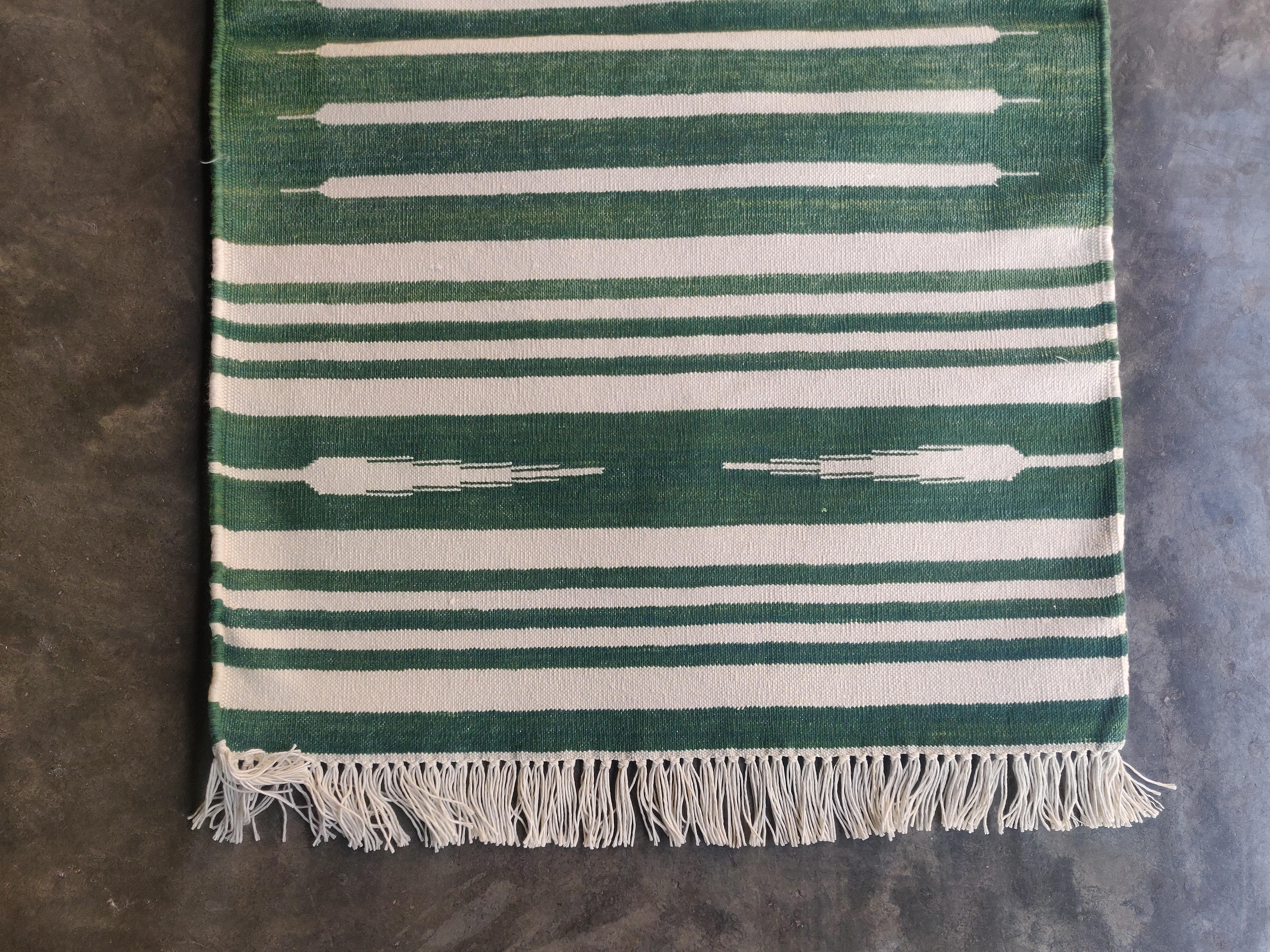 Mid-Century Modern Handmade Cotton Area Flat Weave Rug, 2x3 Green And White Striped Indian Dhurrie For Sale