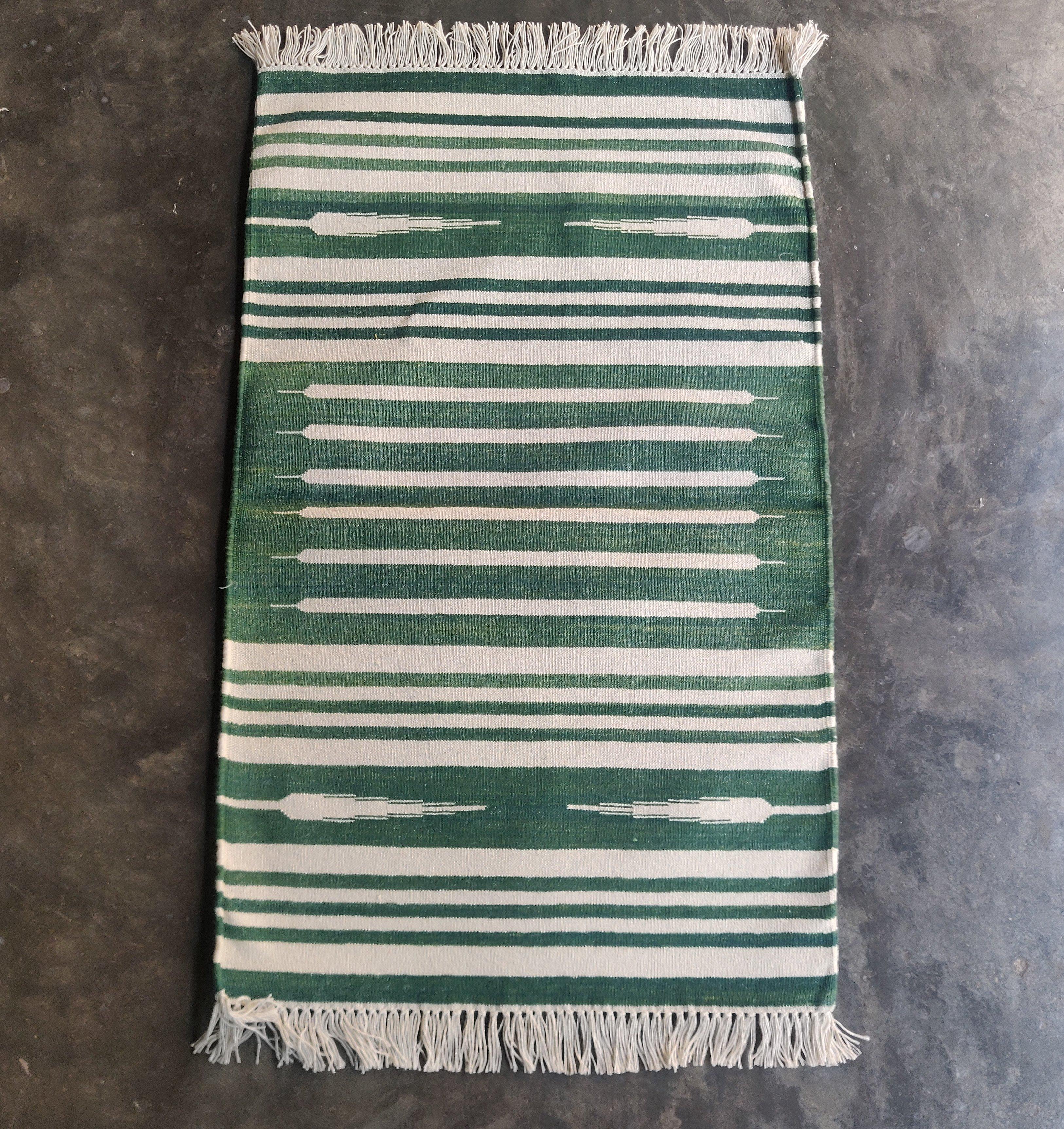 Hand-Woven Handmade Cotton Area Flat Weave Rug, 2x3 Green And White Striped Indian Dhurrie For Sale