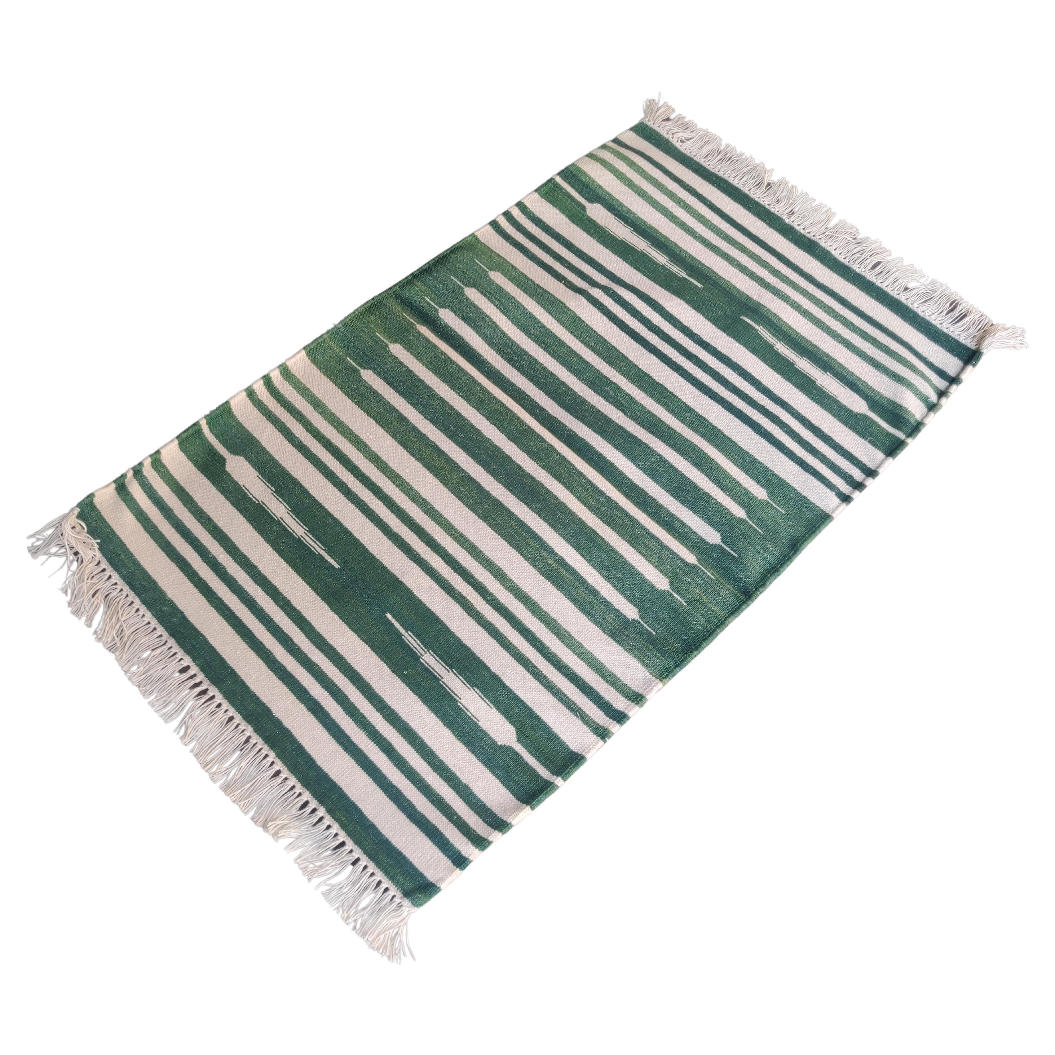 Handmade Cotton Area Flat Weave Rug, 2x3 Green And White Striped Indian Dhurrie For Sale