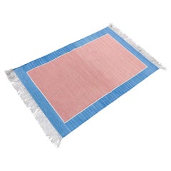 Handmade Cotton Area Flat Weave Rug, 2x3 Pink And Blue Bordered Indian Dhurrie