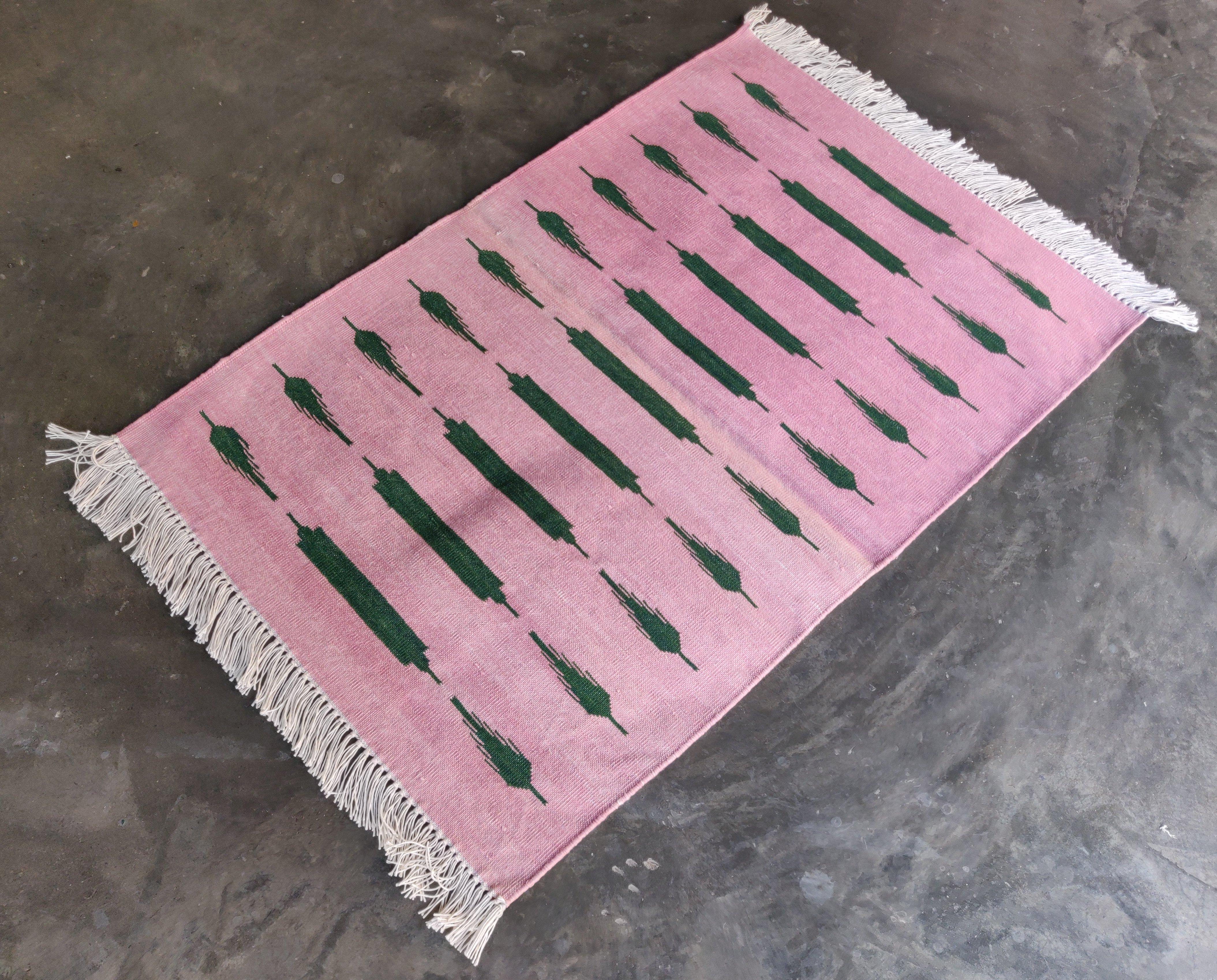 Cotton Vegetable Dyed  Pink And Green Striped Indian Dhurrie Rug - 2'x3' (60x90cm) 

These special flat-weave dhurries are hand-woven with 15 ply 100% cotton yarn. Due to the special manufacturing techniques used to create our rugs, the size and