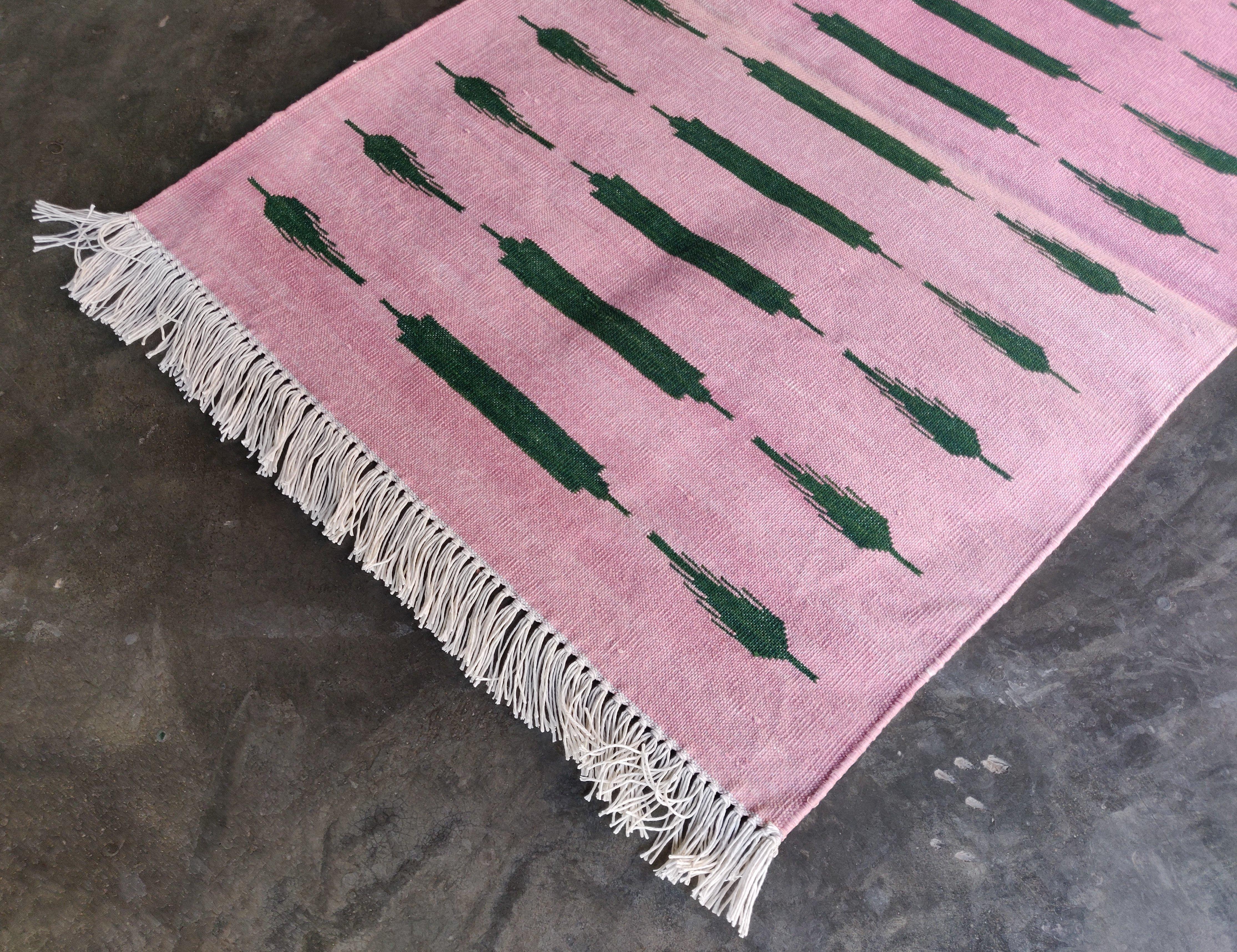 Mid-Century Modern Handmade Cotton Area Flat Weave Rug, 2x3 Pink And Green Striped Indian Dhurrie For Sale