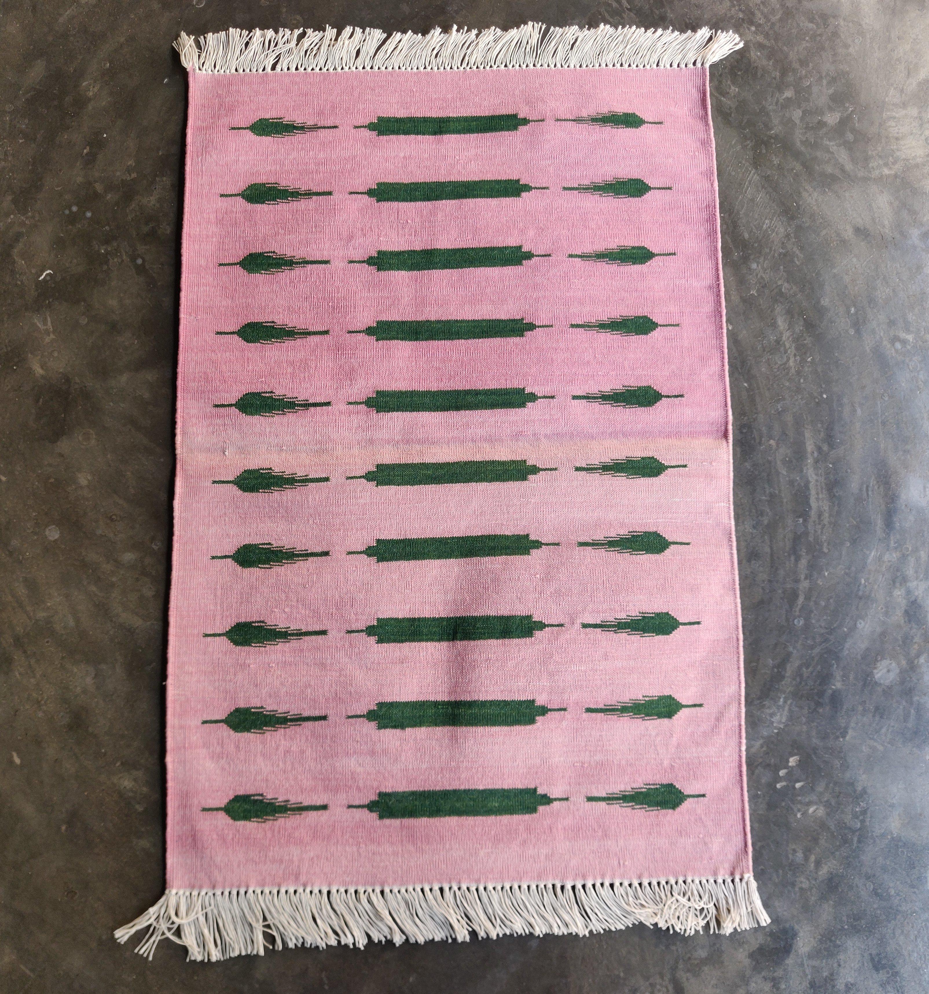Hand-Woven Handmade Cotton Area Flat Weave Rug, 2x3 Pink And Green Striped Indian Dhurrie For Sale