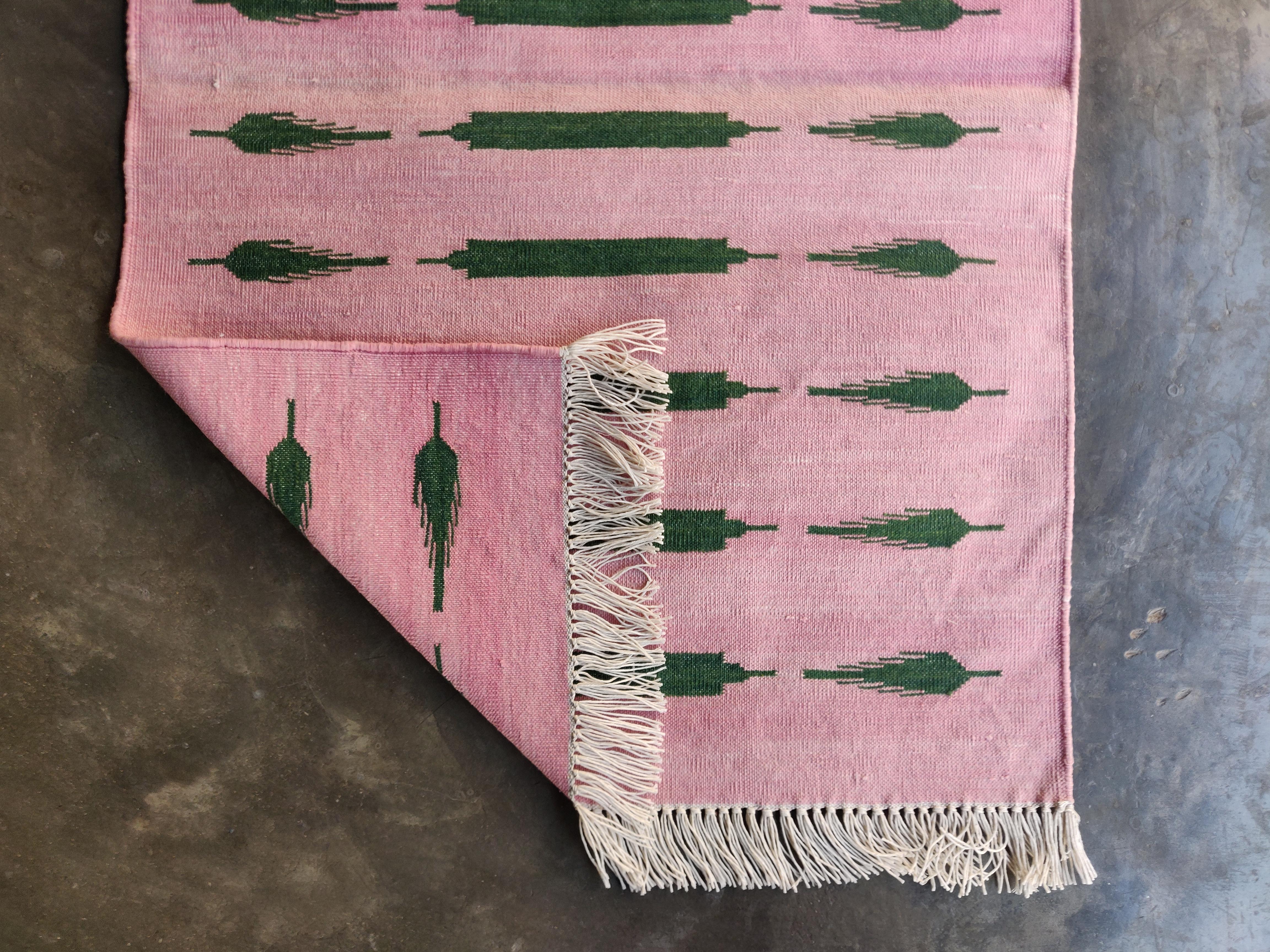 Contemporary Handmade Cotton Area Flat Weave Rug, 2x3 Pink And Green Striped Indian Dhurrie For Sale