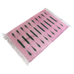 Handgefertigter Flachgewebe-Teppich aus Baumwolle, 2x3 Rosa und Grün gestreifter indischer Dhurrie