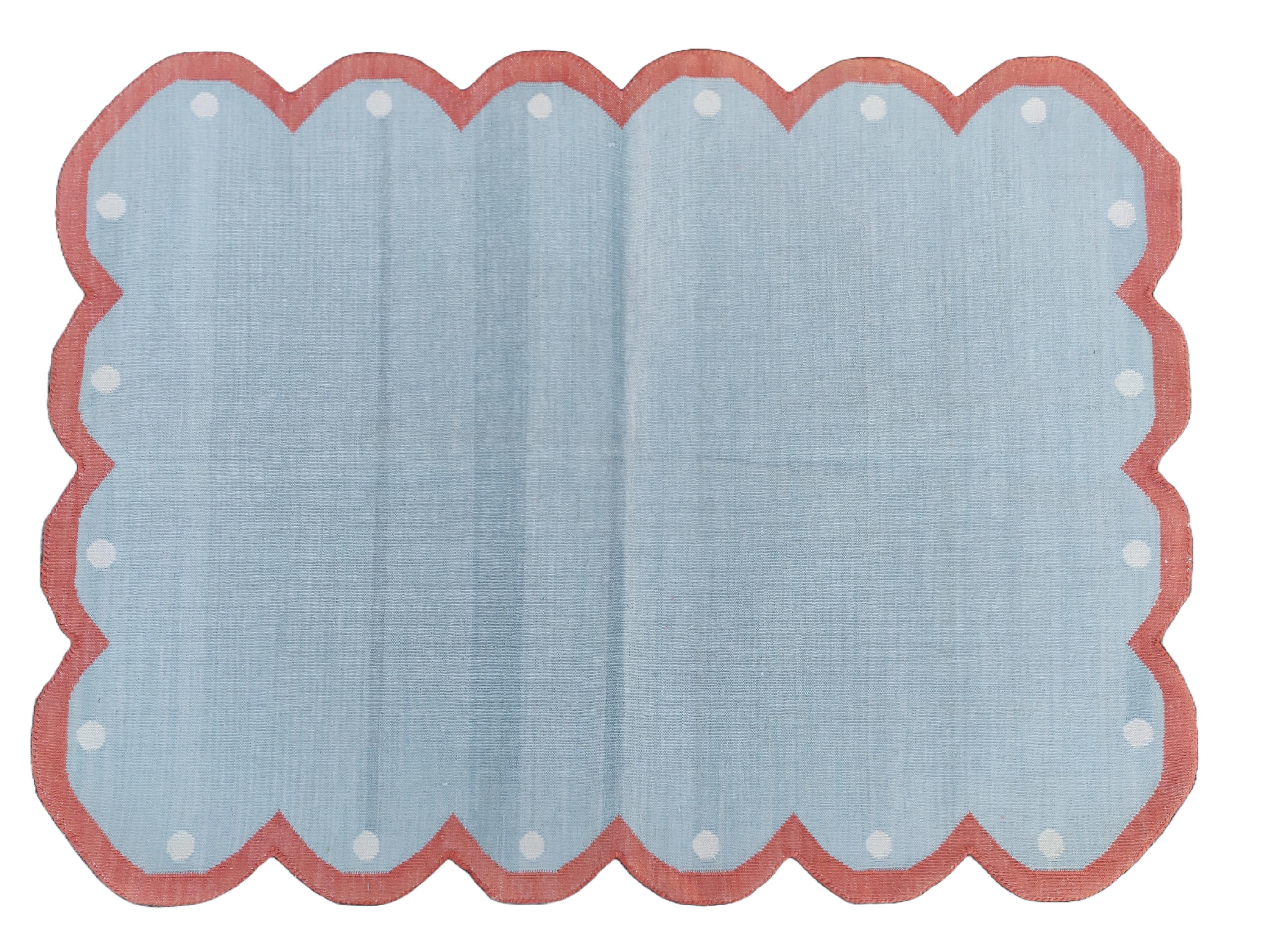 Cotton Vegetable Dyed Aqua Pale, Cream and Coral Red Scalloped Striped Indian Dhurrie Rug-30