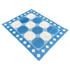 Tappeto a tessitura piatta in cotone fatto a mano, 3,5x4,5 Blu, bianco Tappeto a piastrelle indiano Dhurrie