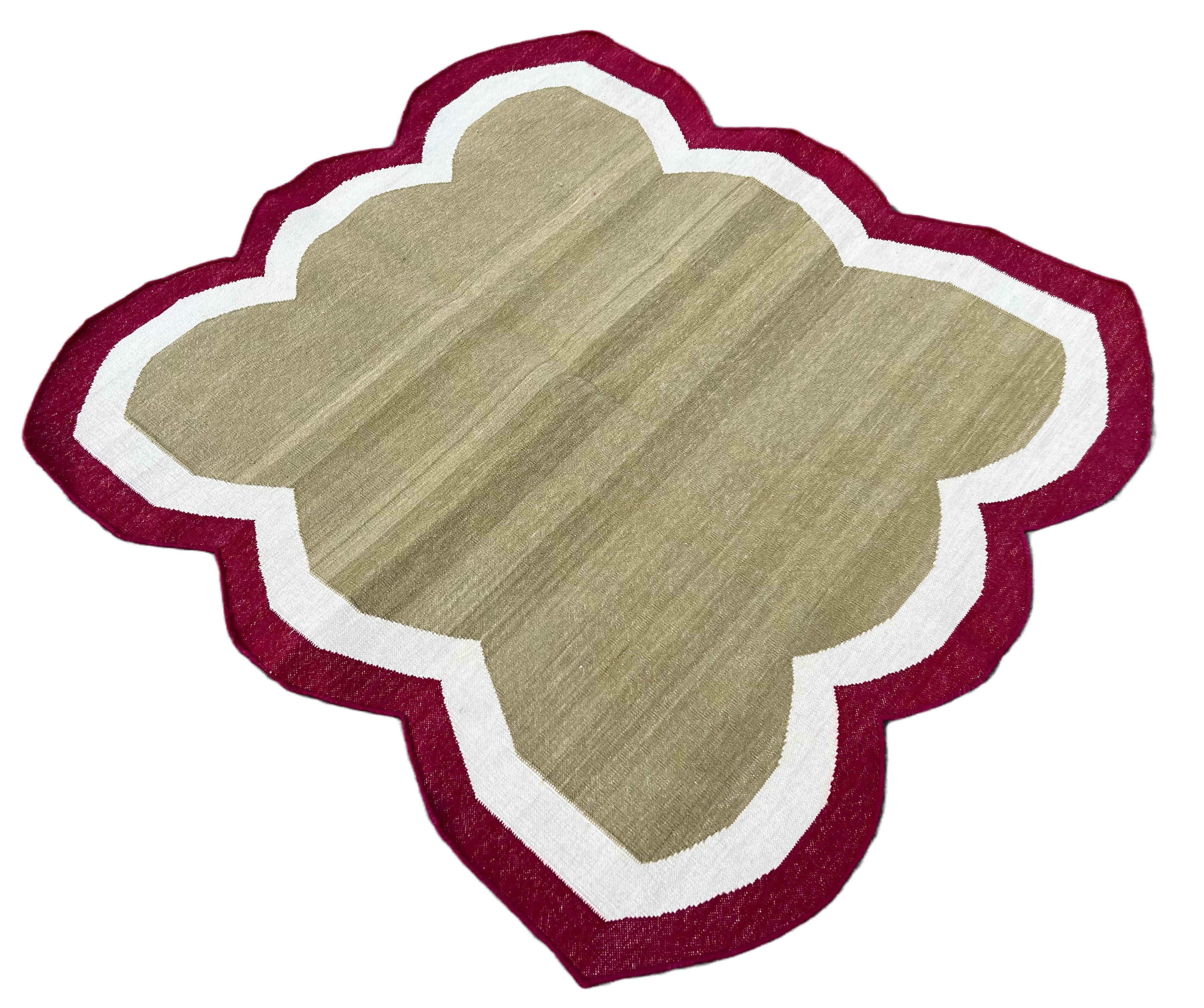 Cotton Vegetable Dyed Olive Green, Cream And Red Four Sided Scalloped Rug-3'x3' 
(Scallops runs on all Four Sides)
These special flat-weave dhurries are hand-woven with 15 ply 100% cotton yarn. Due to the special manufacturing techniques used to