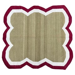 Handmade Cotton Area Flat Weave Rug, 3x3 Green And Red Scalloped Kilim Dhurrie