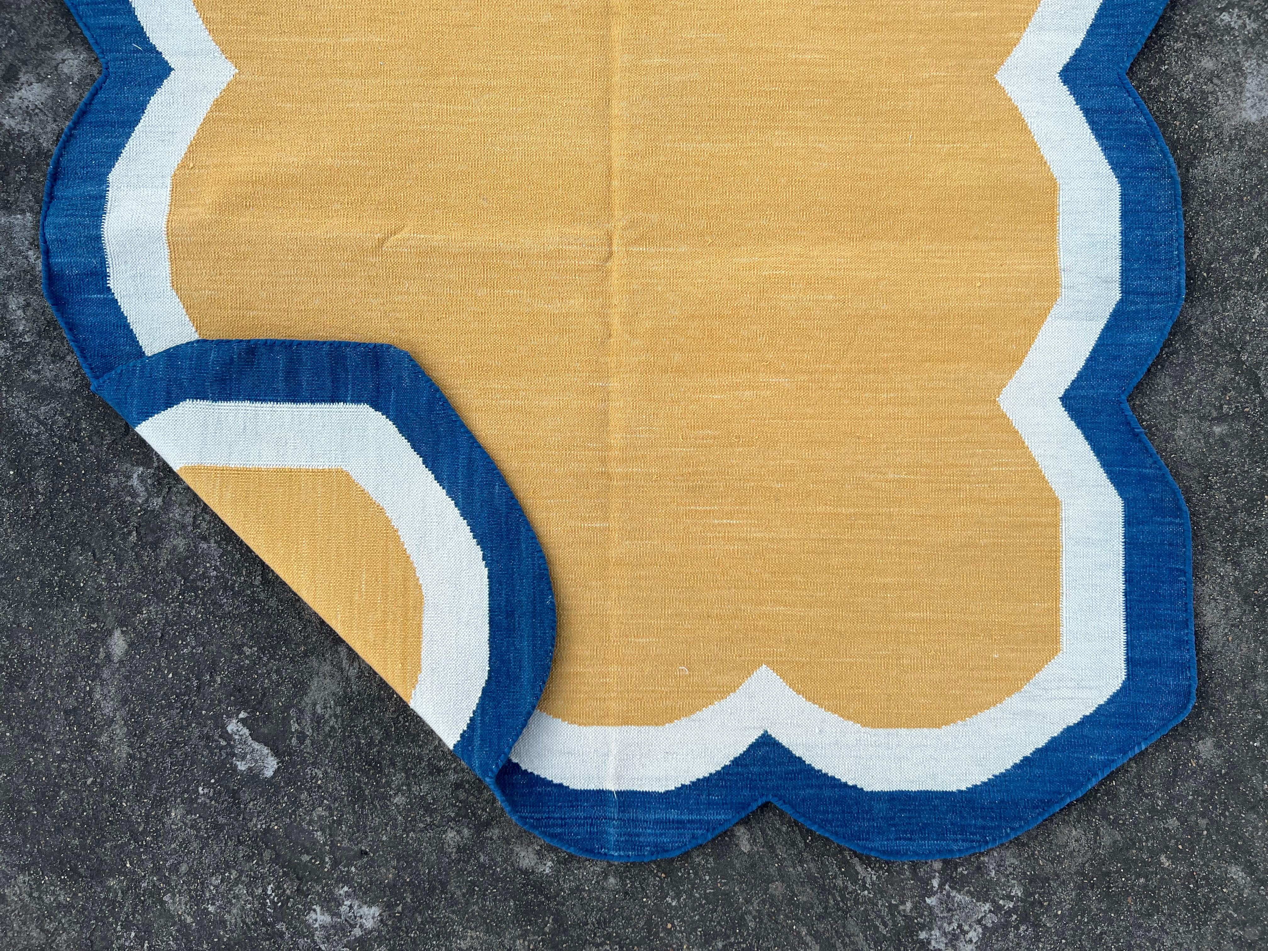 Contemporary Handmade Cotton Area Flat Weave Rug, 3x3 Yellow And Blue Scalloped Kilim Dhurrie For Sale