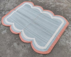 Handmade Cotton Area Flat Weave Rug, 3x4 Grey And Coral Scalloped Indian Dhurrie