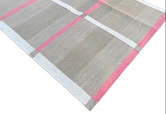 Tappeto a tessitura piatta in cotone fatto a mano, 3x5 Beige e rosa a quadri indiani Dhurrie