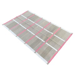 Alfombra de algodón hecha a mano de tejido plano, 3x5 Dhurrie india a cuadros beige y rosa