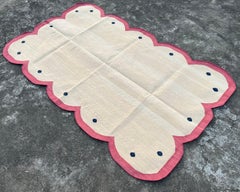 Handgefertigter Flachgewebe-Teppich aus Baumwolle, 3x5 Beige und Rosa mit Wellenschliff, indischer Dhurrie