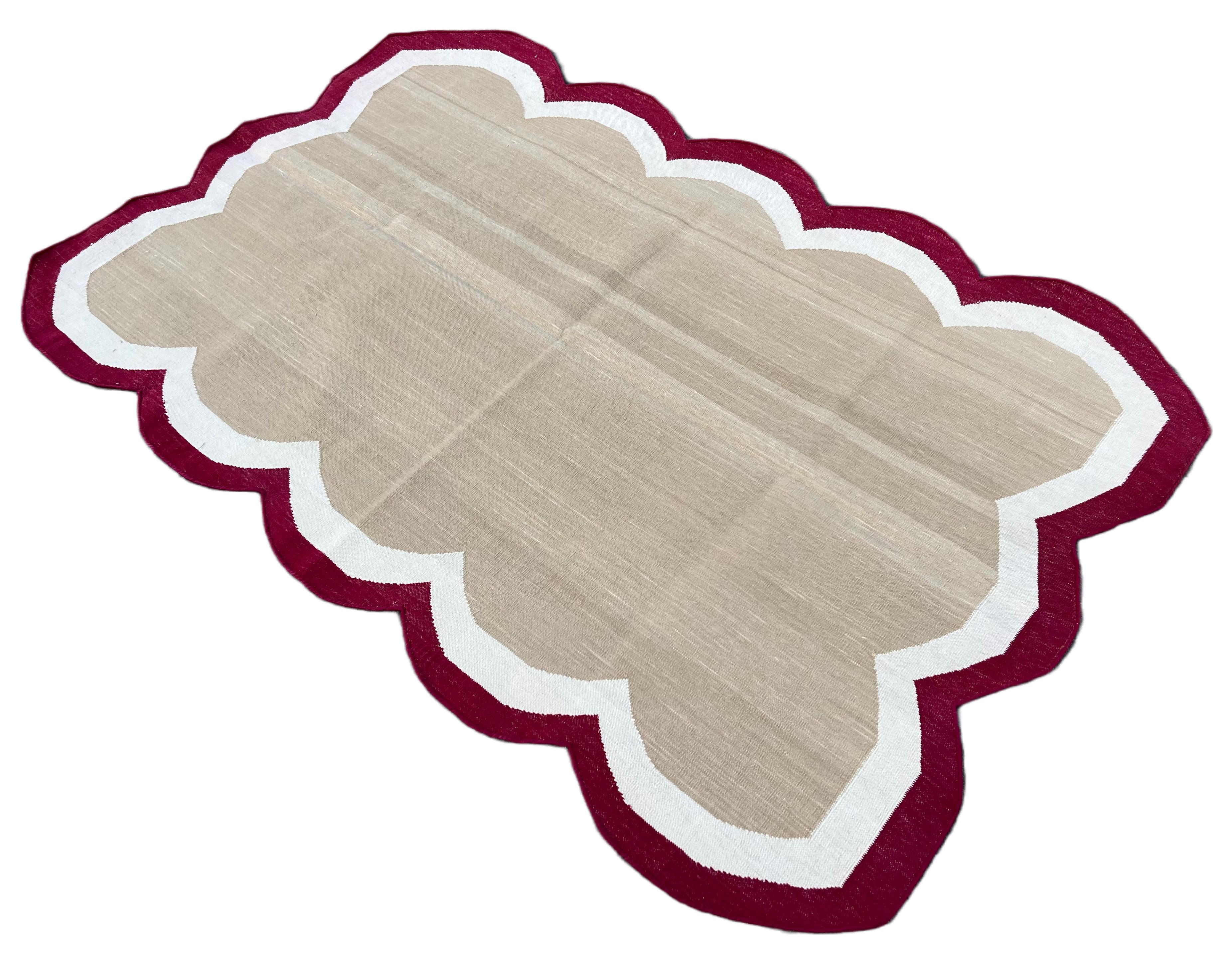 Cotton Vegetable Dyed Beige, Cream And Red Four Sided Scalloped Rug-3'x5' 
(Scallops runs on all Four Sides)
These special flat-weave dhurries are hand-woven with 15 ply 100% cotton yarn. Due to the special manufacturing techniques used to create