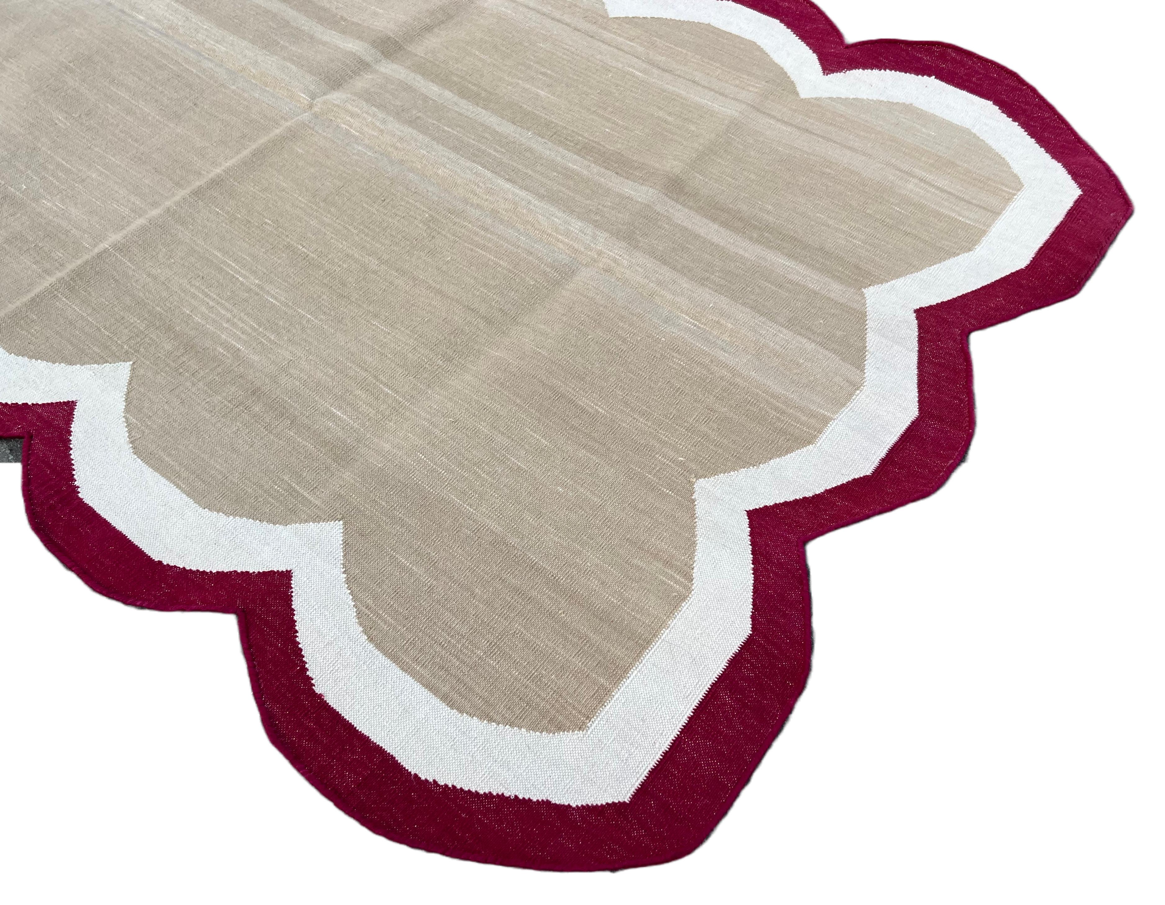 Handgefertigter Flachgewebe-Teppich aus Baumwolle, 3x5 Beige und Rot mit Wellenschliff, Kelim Dhurrie (Indisch) im Angebot