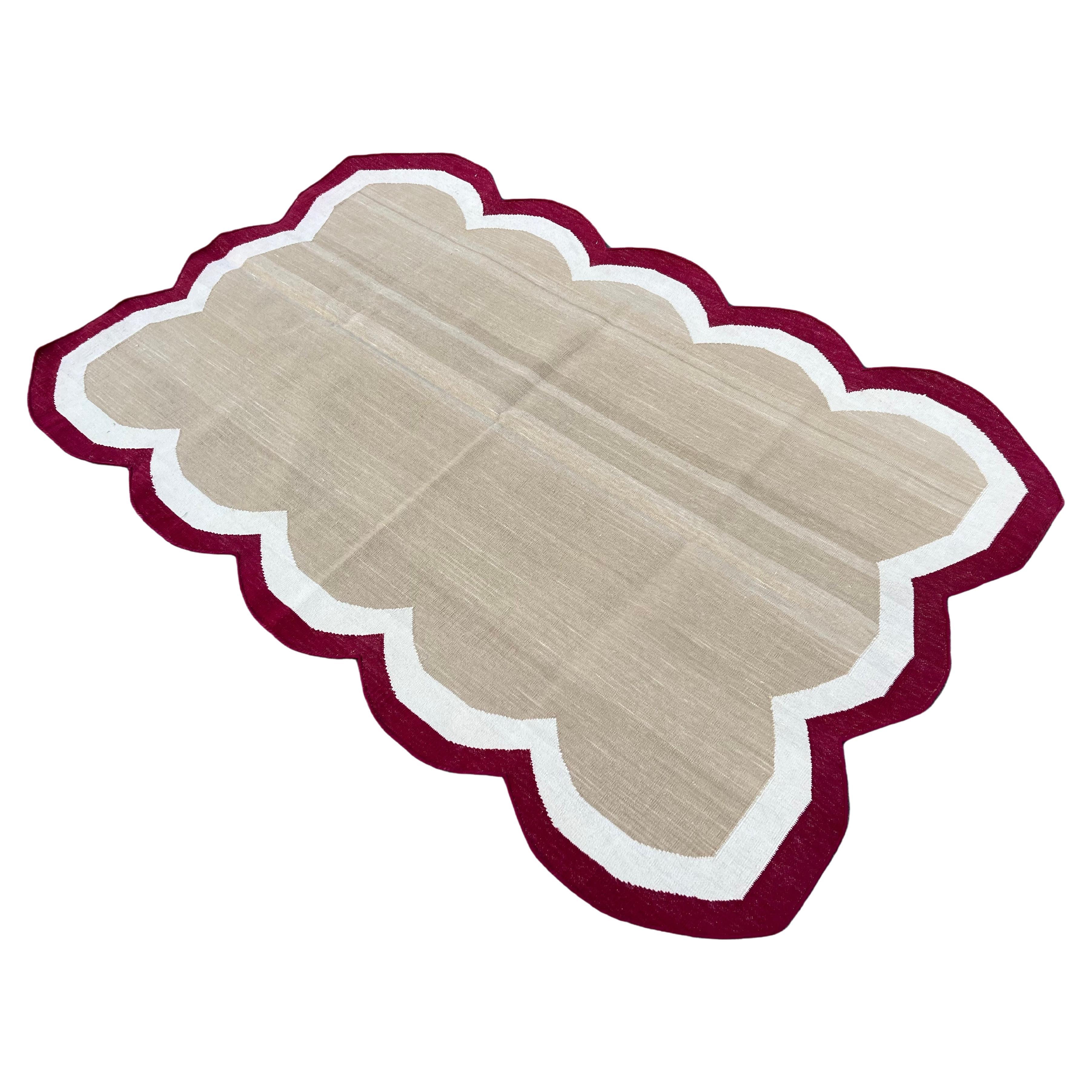 Handgefertigter Flachgewebe-Teppich aus Baumwolle, 3x5 Beige und Rot mit Wellenschliff, Kelim Dhurrie