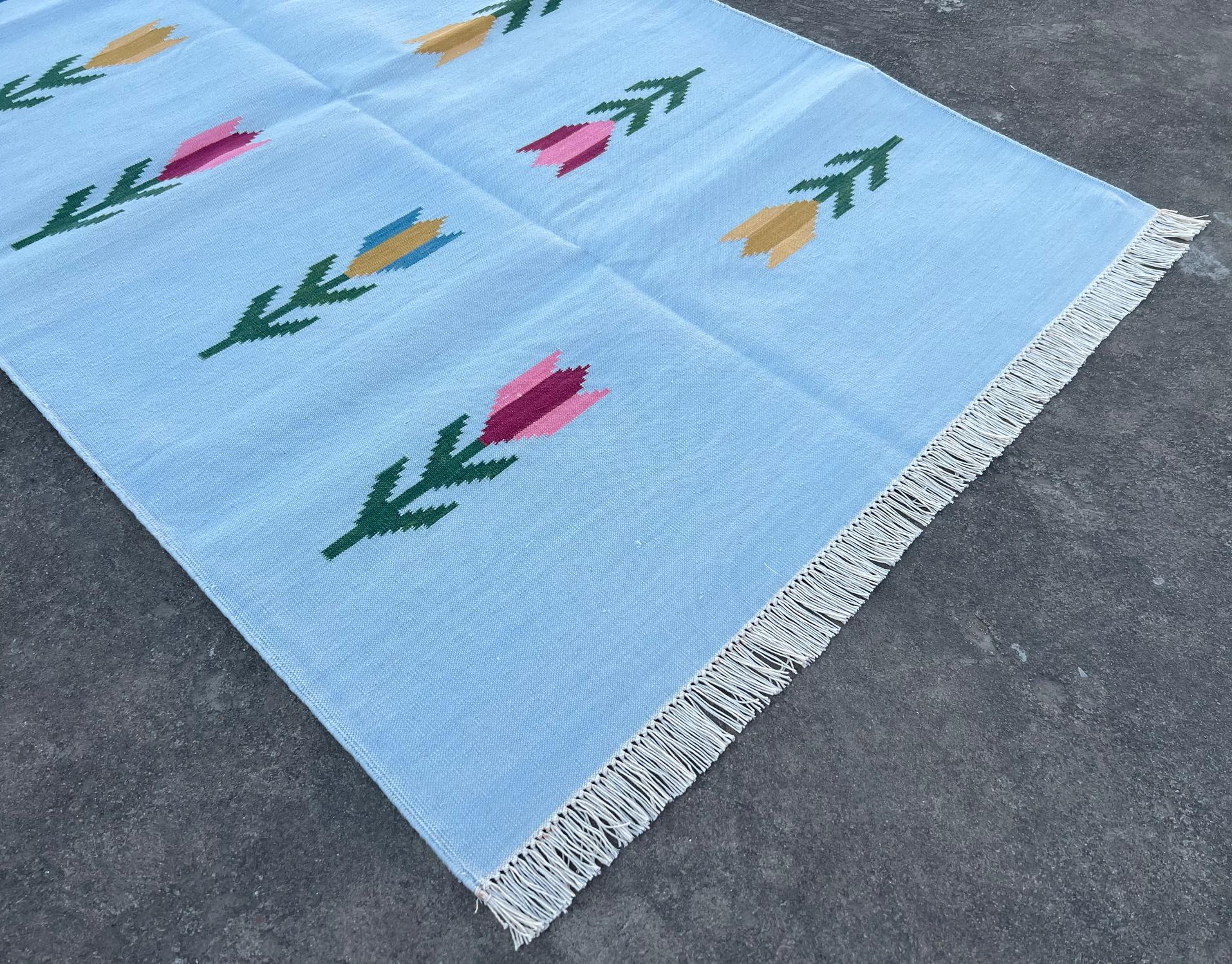 Handgefertigter Flachgewebe-Teppich aus Baumwolle, 3x5 Blaues und grünes Blatt Indischer Dhurrie-Teppich (Handgewebt) im Angebot