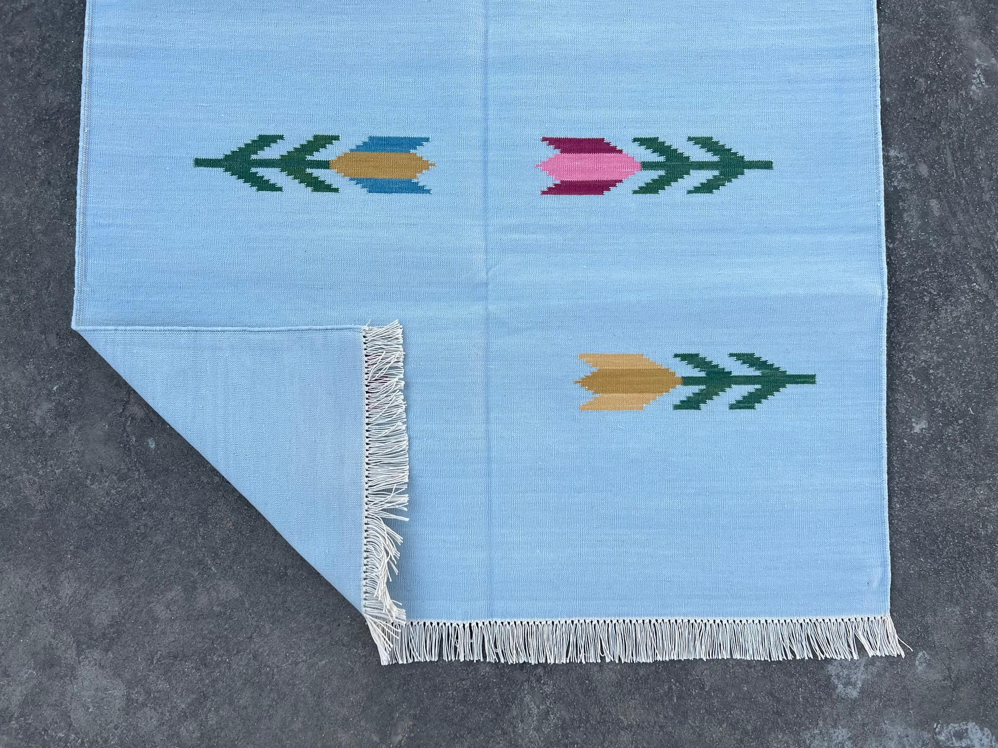 Handmade Cotton Area Flat Weave Rug, 3x5 Blue And Green Leaf Indian Dhurrie Rug For Sale 3