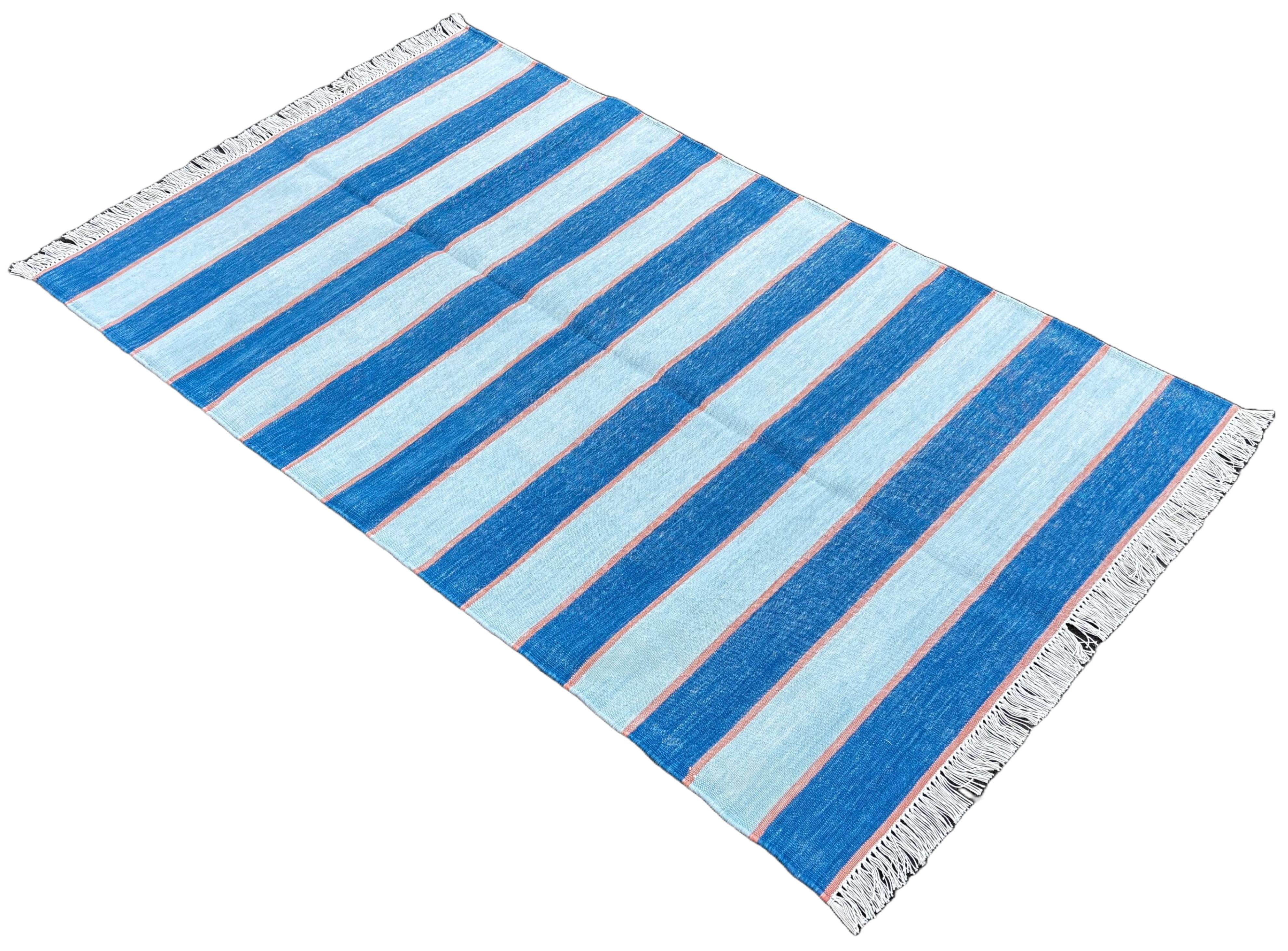 Handmade Cotton Area Flat Weave Rug, 3x5 Blue And Orange Striped Indian Dhurrie For Sale 4