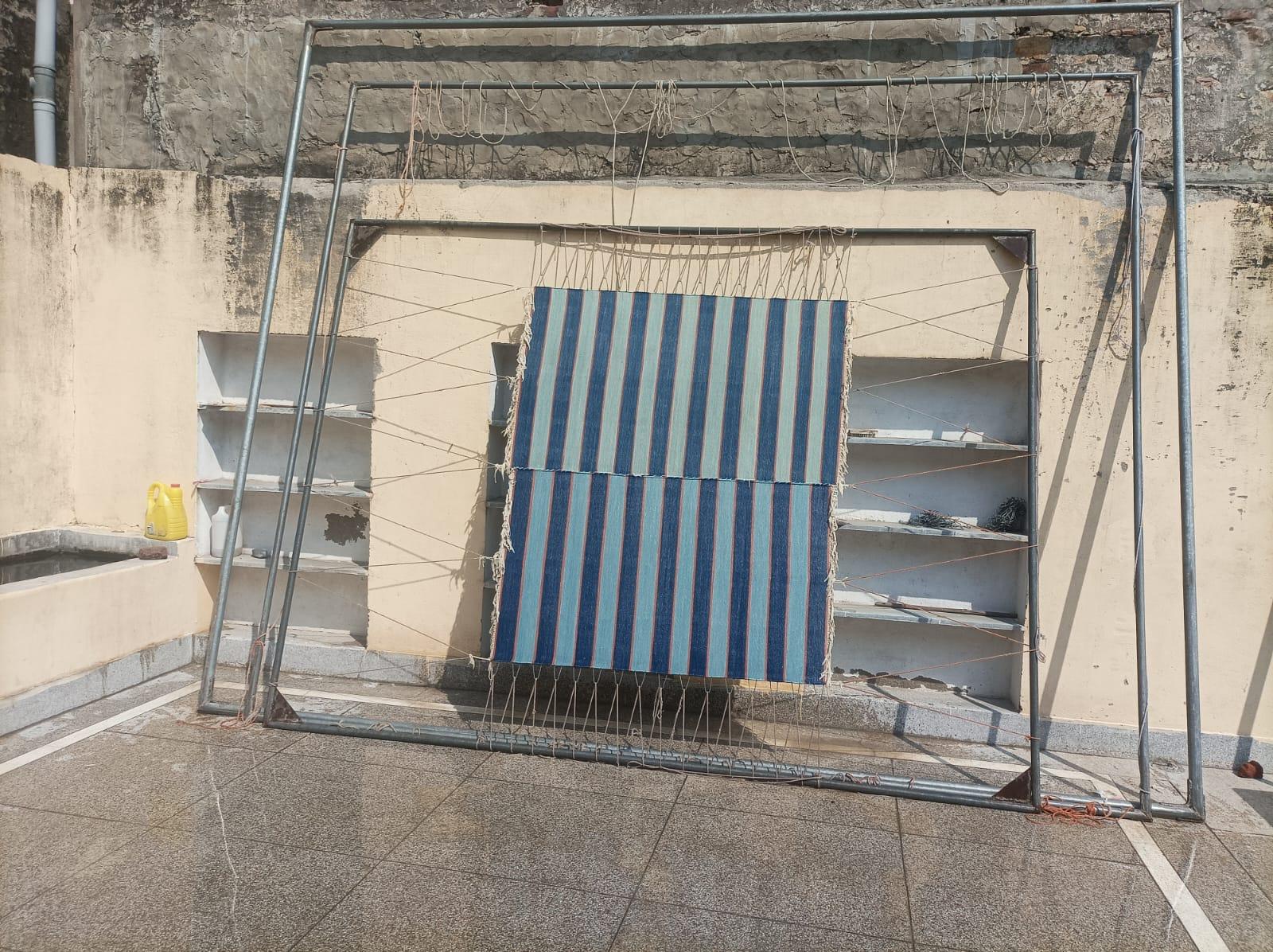 Handmade Cotton Area Flat Weave Rug, 3x5 Blue And Orange Striped Indian Dhurrie For Sale 5