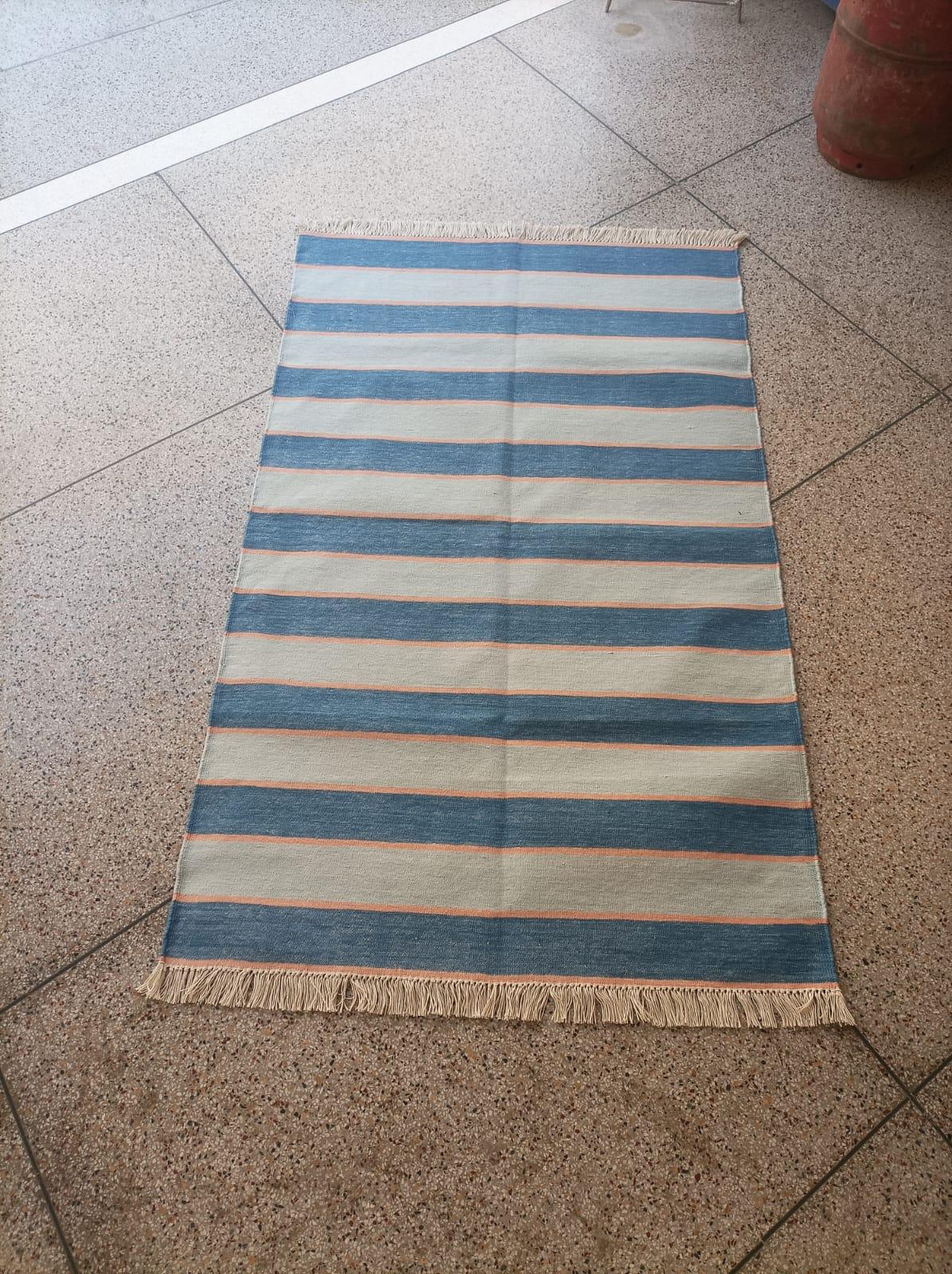 Handmade Cotton Area Flat Weave Rug, 3x5 Blue And Orange Striped Indian Dhurrie For Sale 6