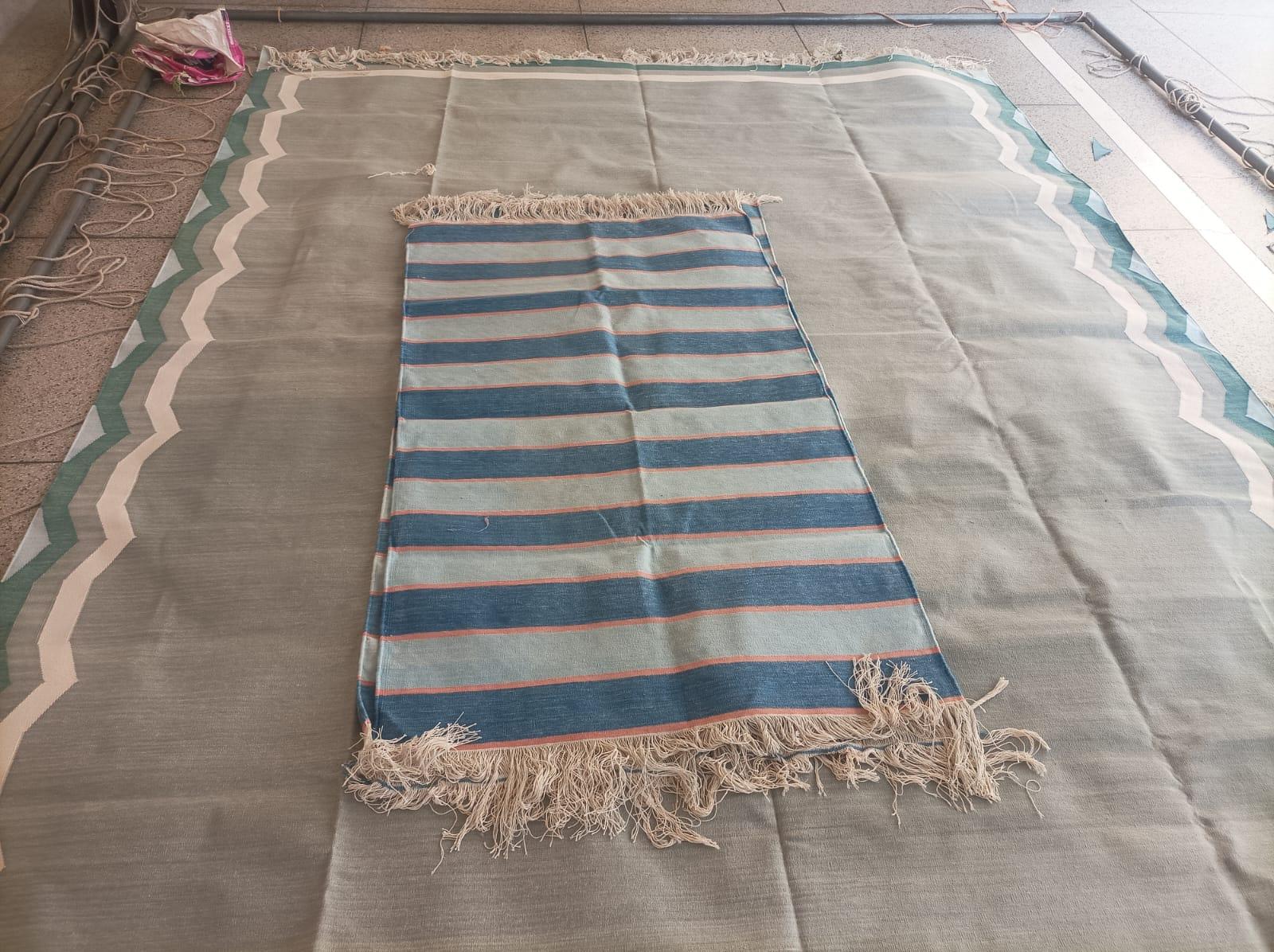 Hand-Woven Handmade Cotton Area Flat Weave Rug, 3x5 Blue And Orange Striped Indian Dhurrie For Sale