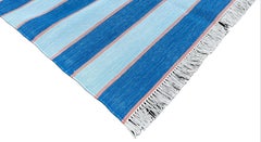 Handmade Cotton Area Flat Weave Rug, 3x5 Blue And Orange Striped Indian Dhurrie