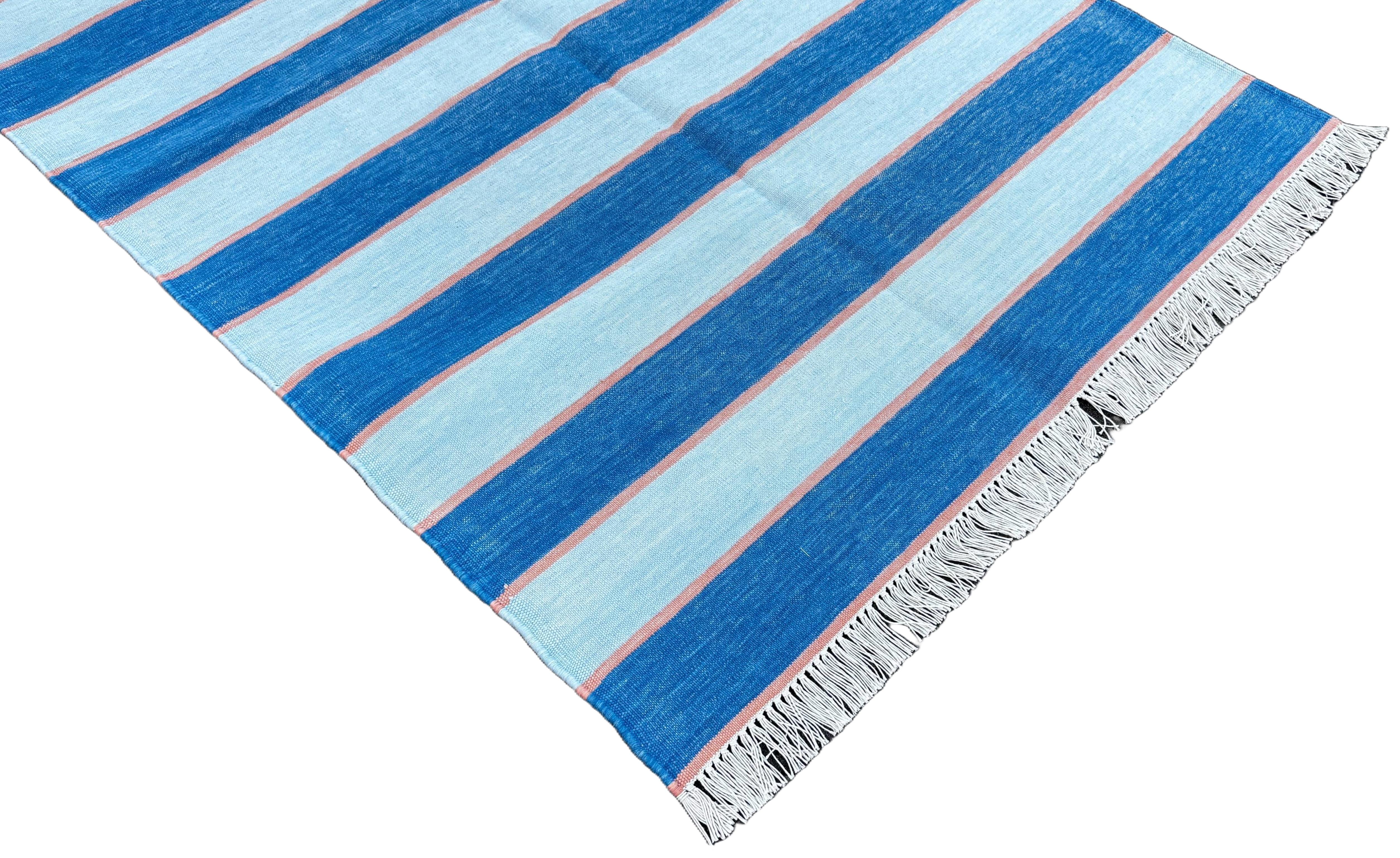 Mid-Century Modern Handmade Cotton Area Flat Weave Rug, 3x5 Blue And Orange Striped Indian Dhurrie For Sale
